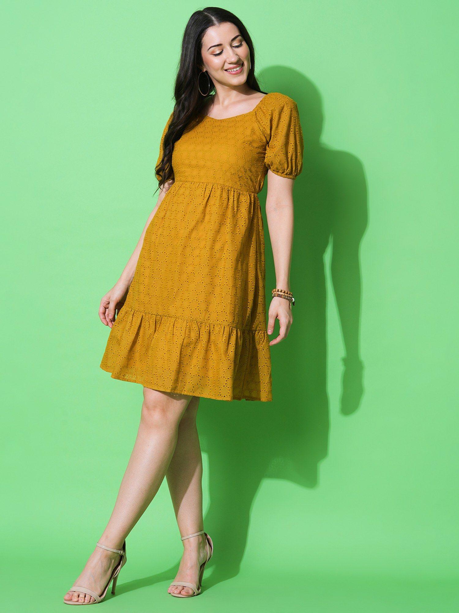 women mustard cotton normal fit embroidered knee length dress