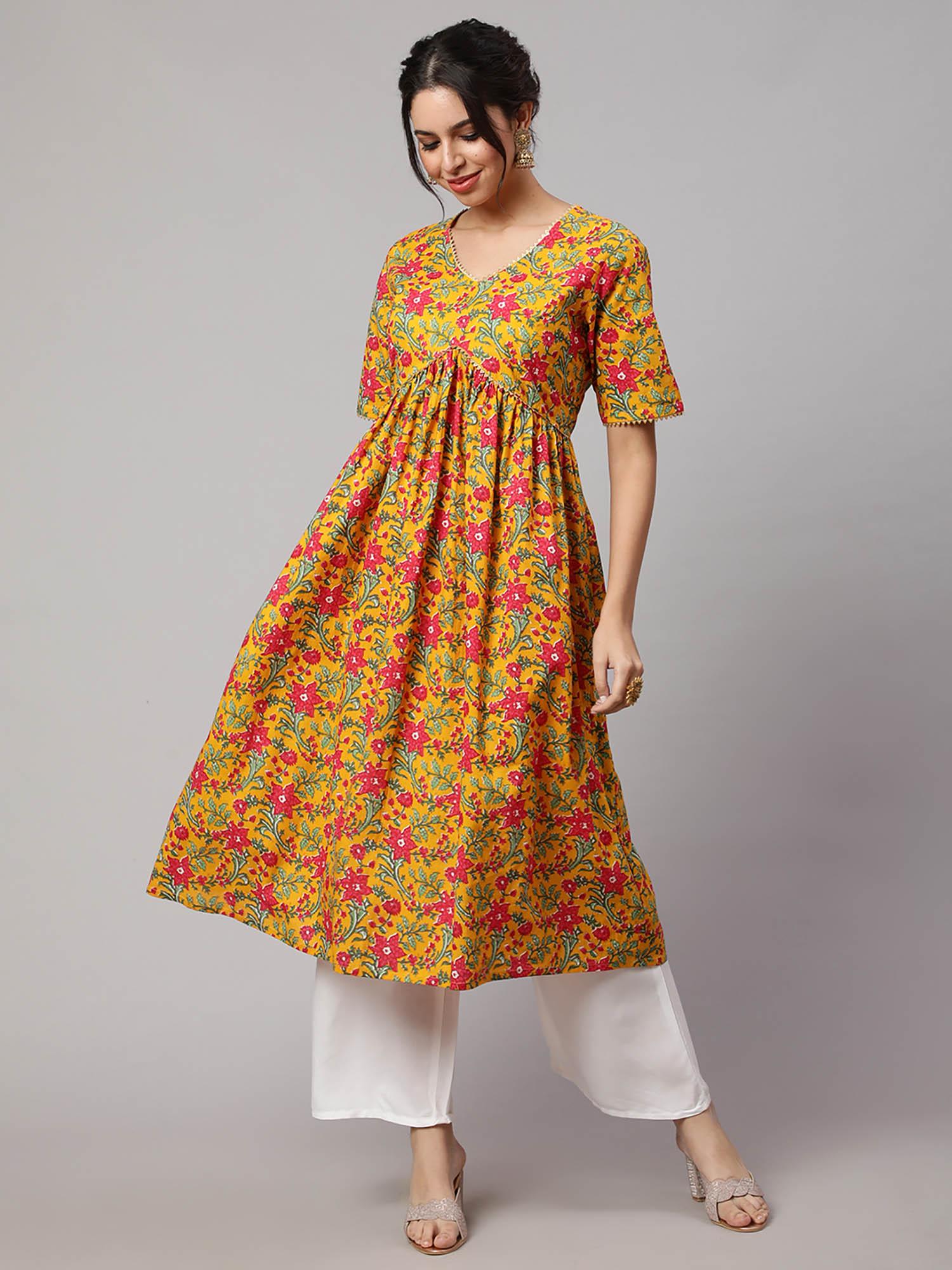 women mustard cotton printed v-neck calf length flared kurta