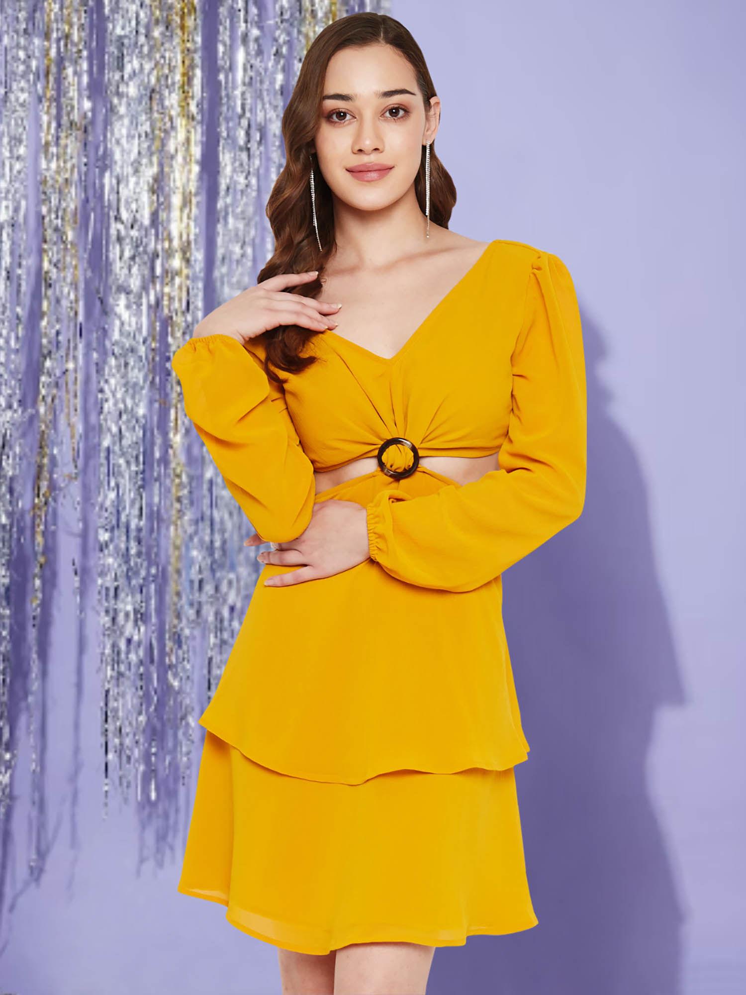 women mustard cutout buckle mini dress