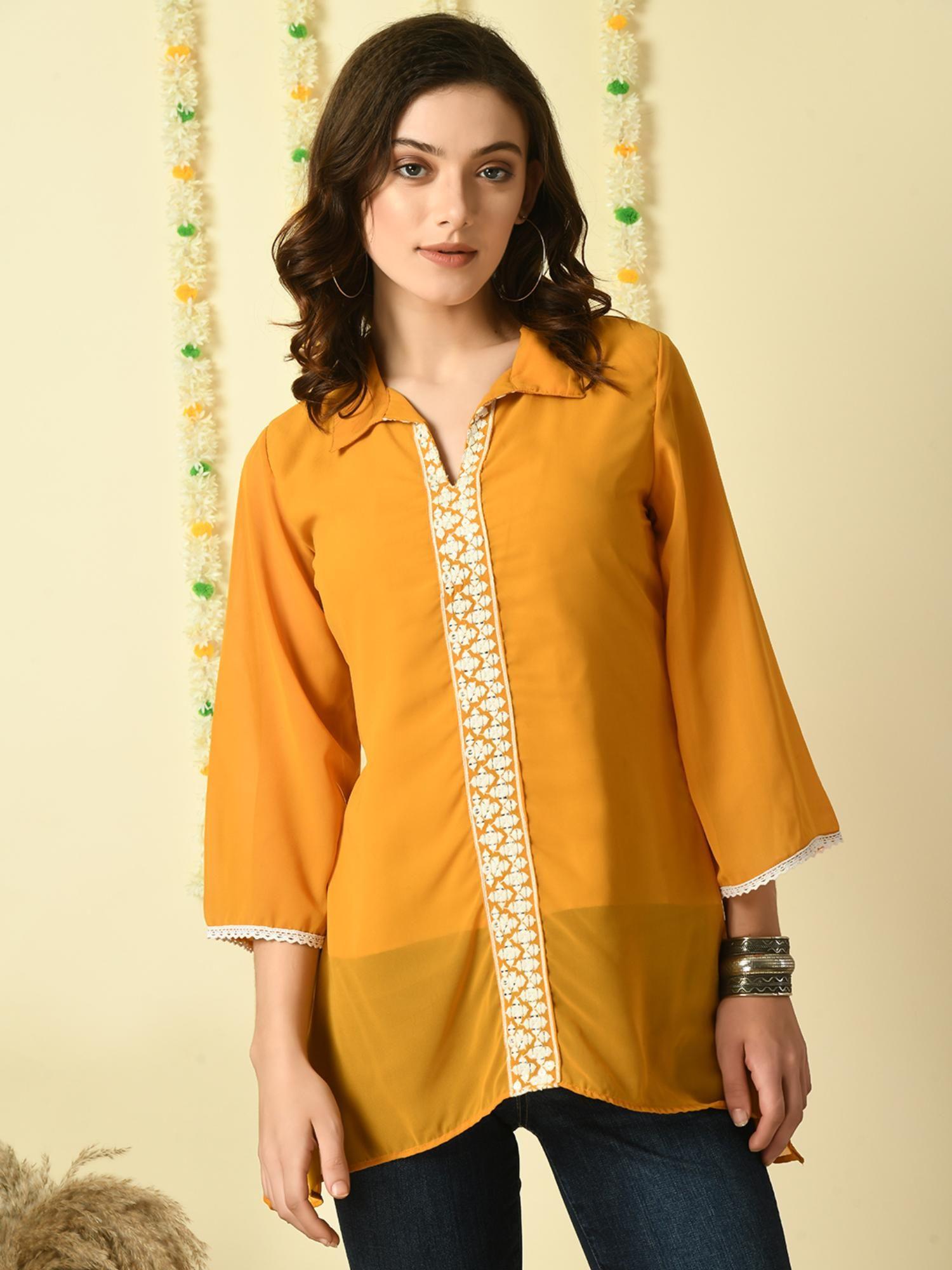 women mustard embroidered party fusion tunic