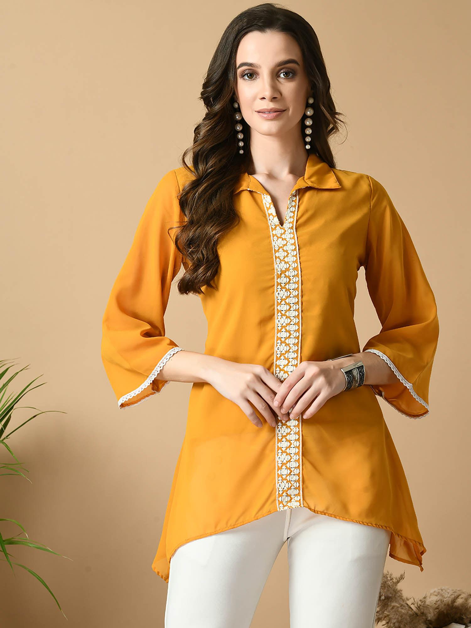 women mustard embroidered party fusion tunic