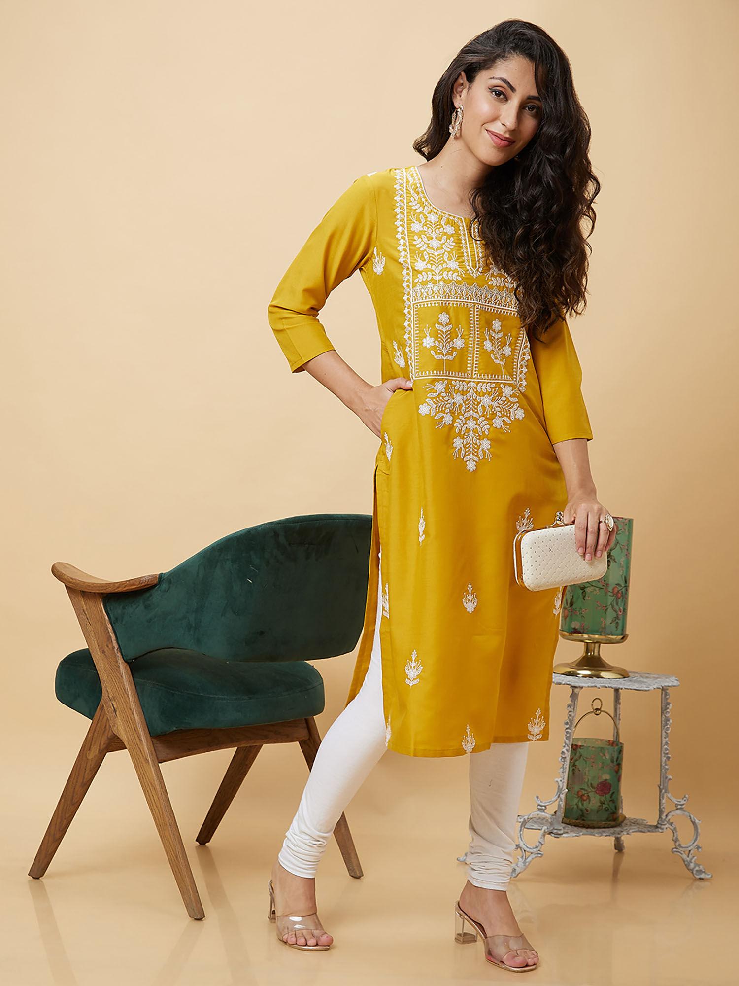 women mustard embroidered round neck festive straight kurta