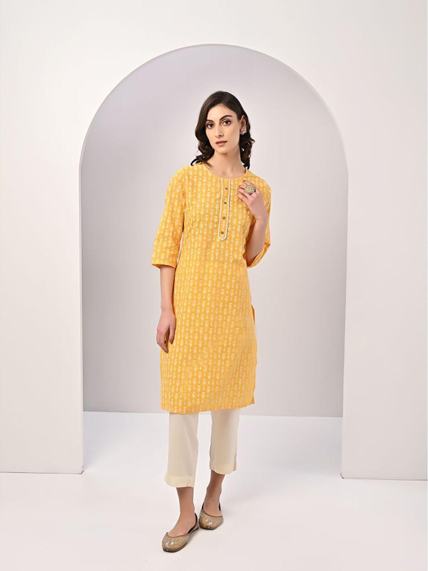 women mustard ethnic printed tonal placket knee length straight kurta