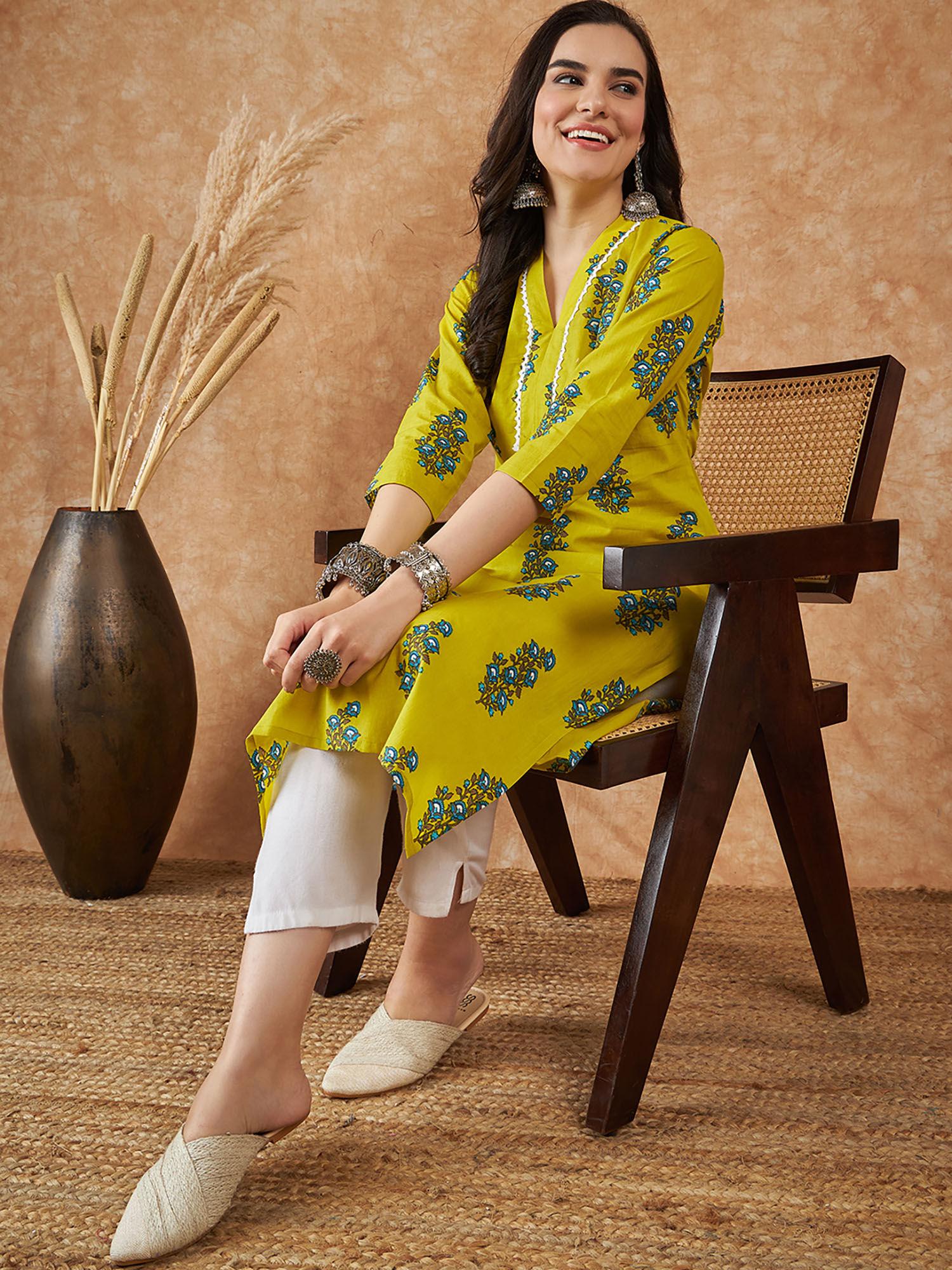 women mustard floral cotton kurta