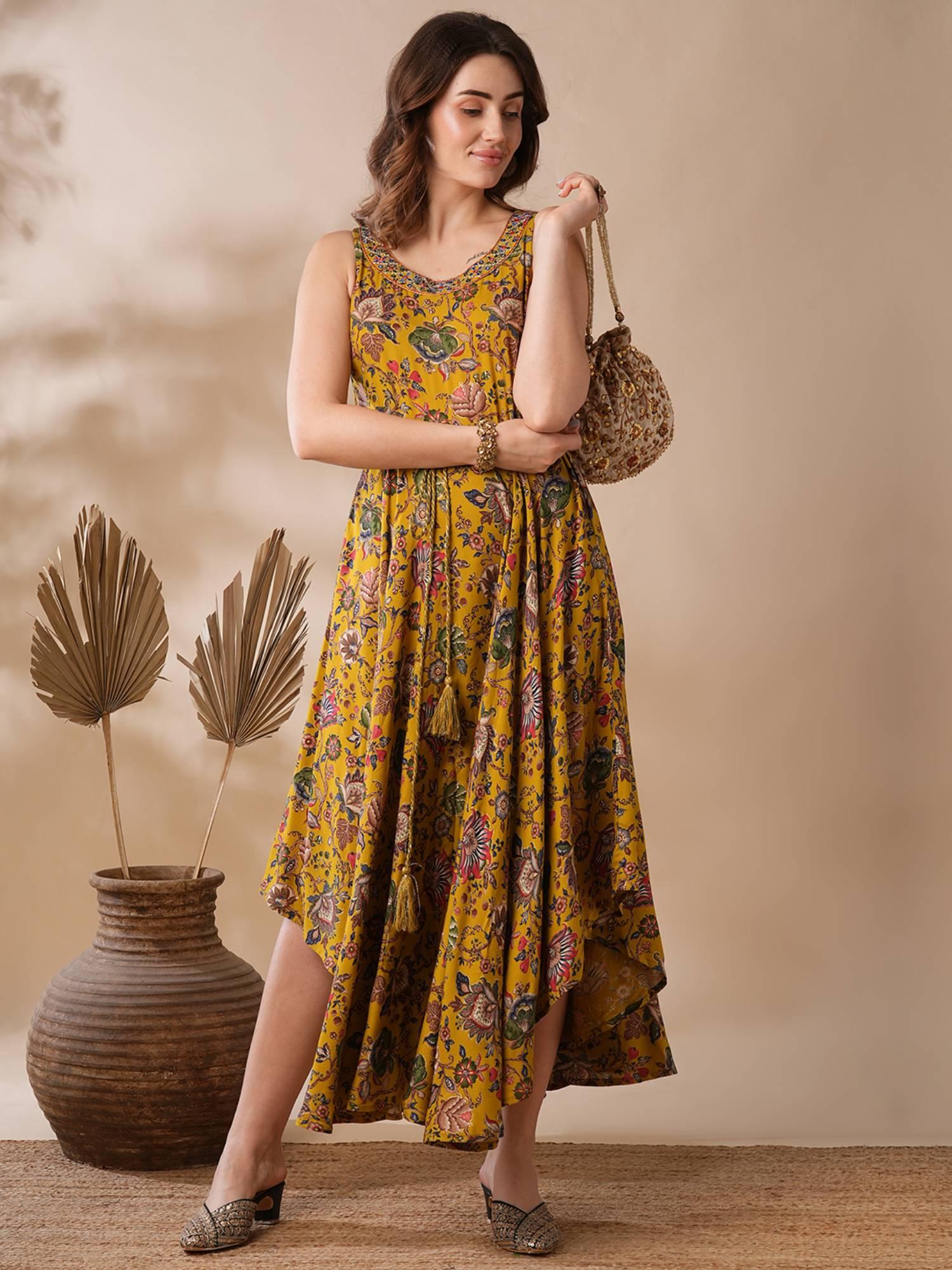 women mustard floral design mirror work neck asymmetric hem midi dress (set of 2)