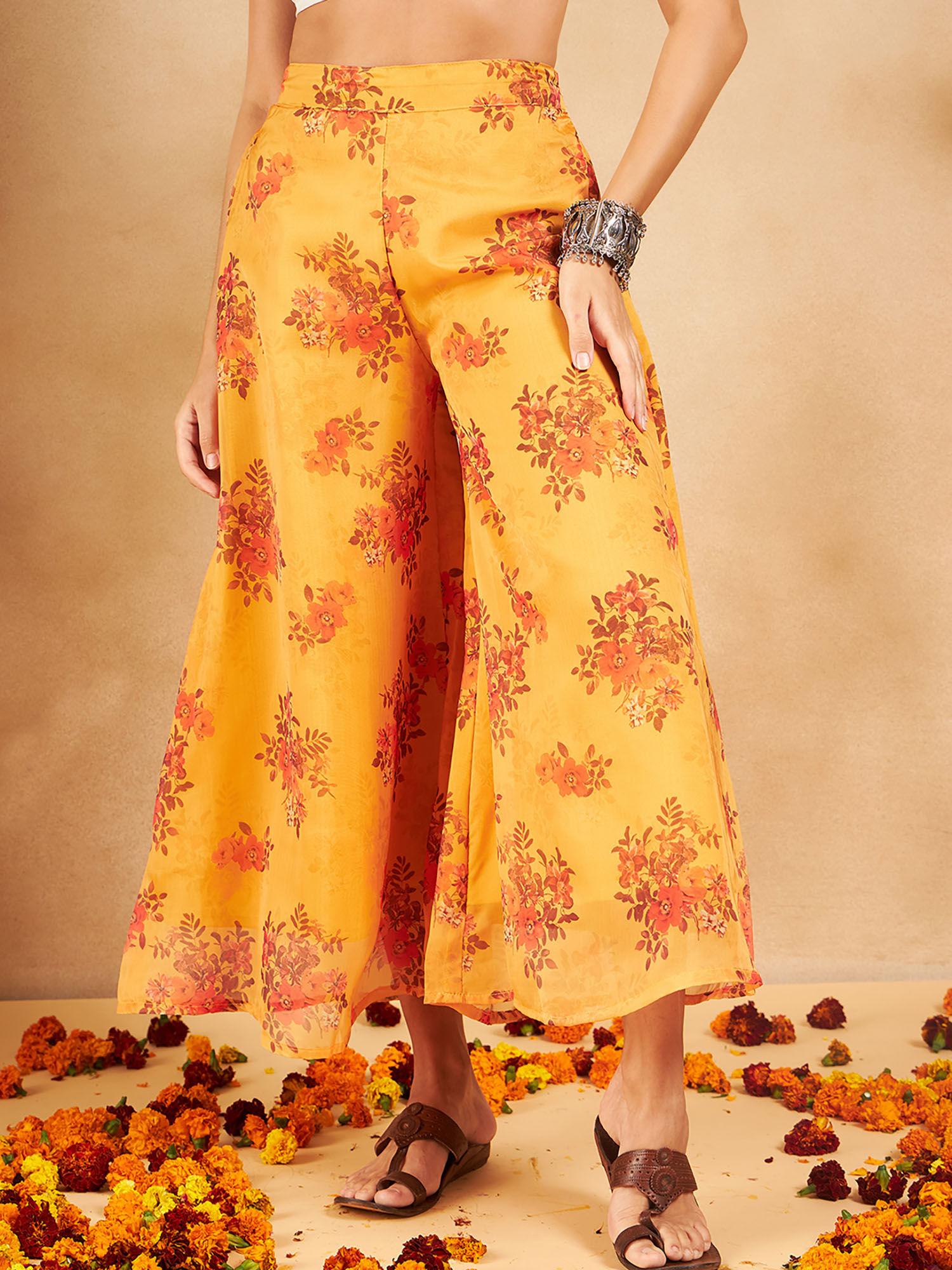 women mustard floral palazzo