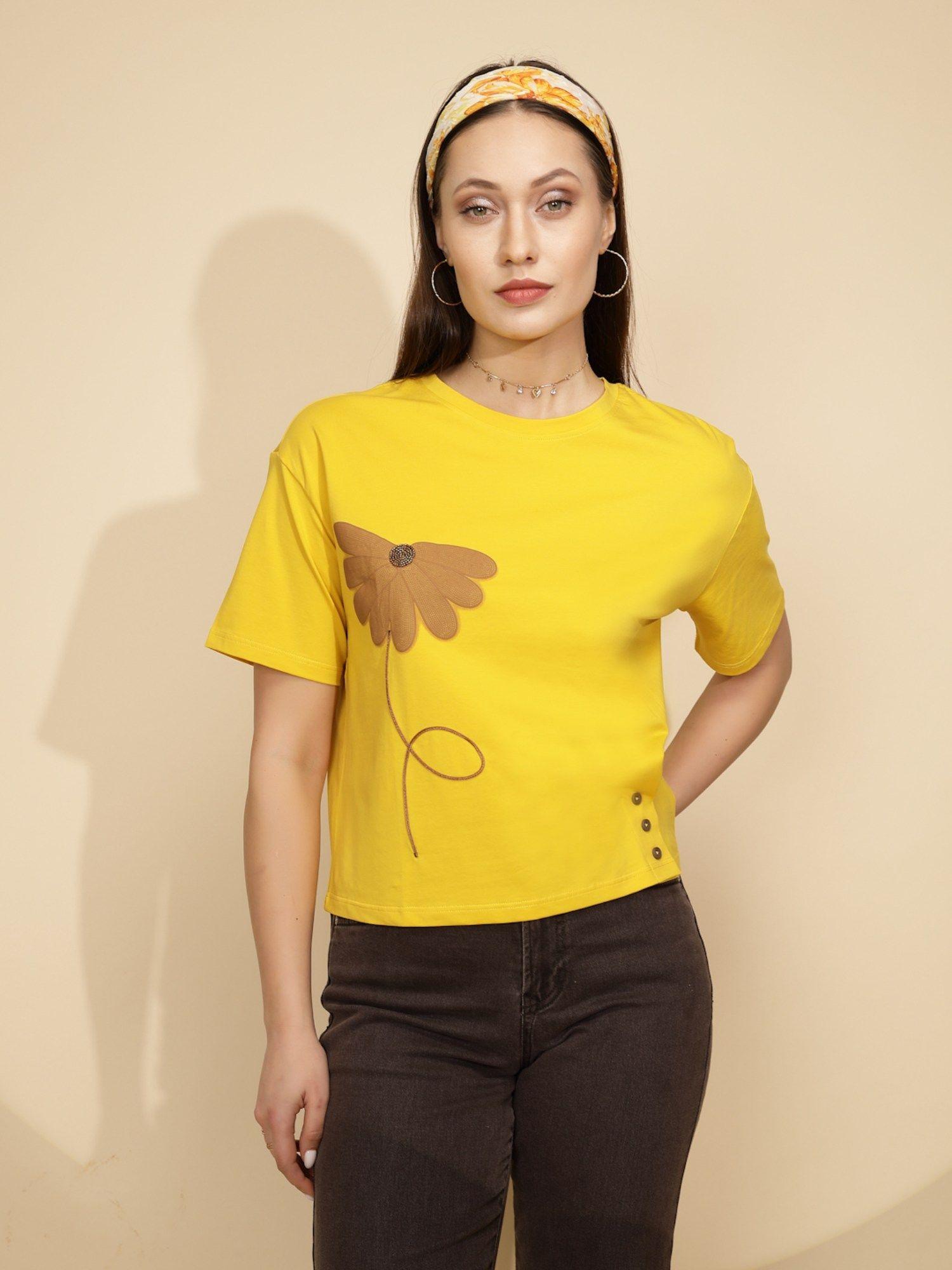 women mustard floral print cotton top