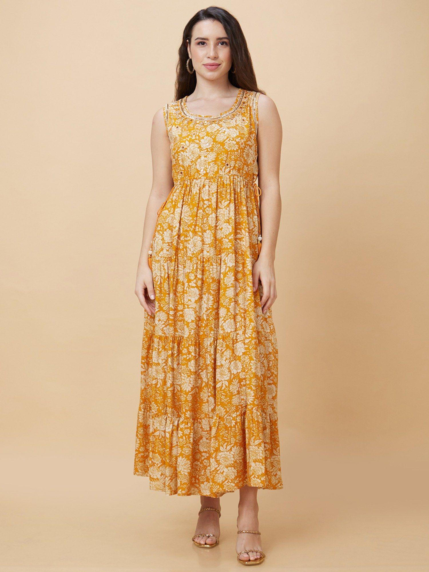 women mustard floral print round neck sleeveless casual maxi dress with dori and tassel