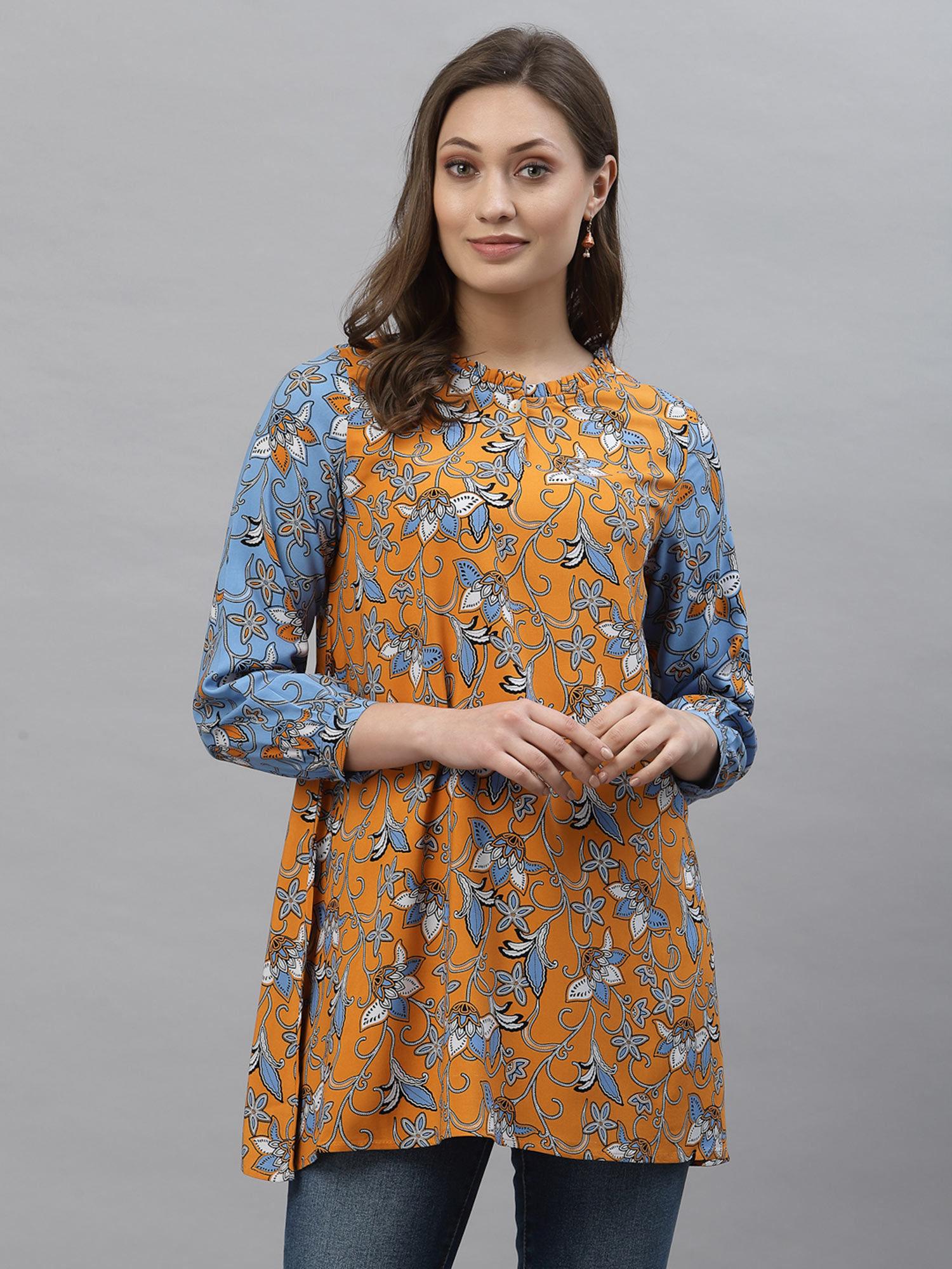 women mustard floral print tunic