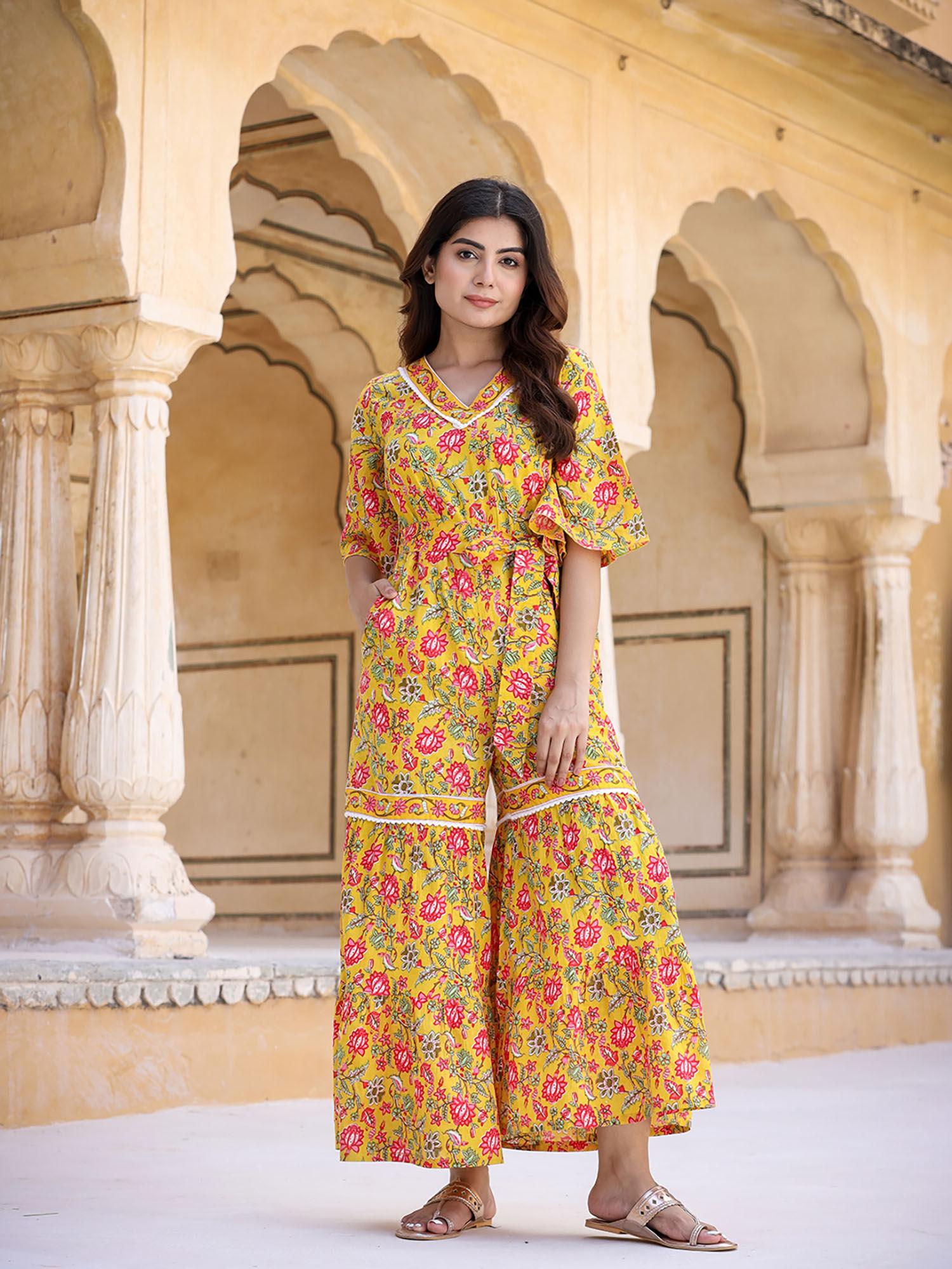 women mustard floral printed cotton jumpsuit