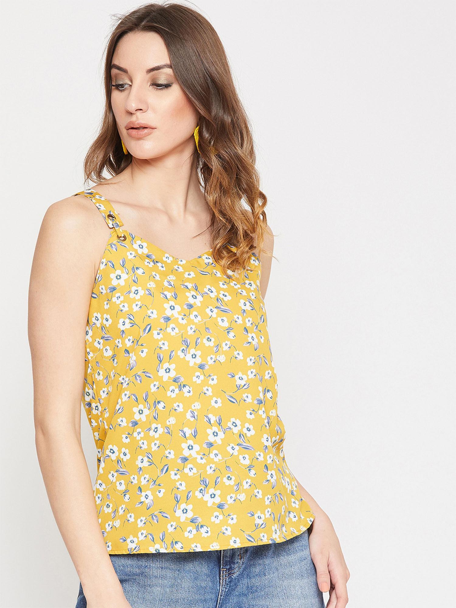 women mustard floral sleeveless top with shoulder straps
