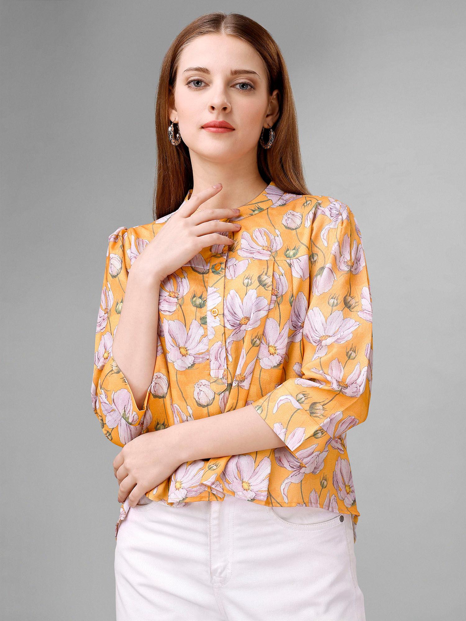 women mustard flower printed shirt type top