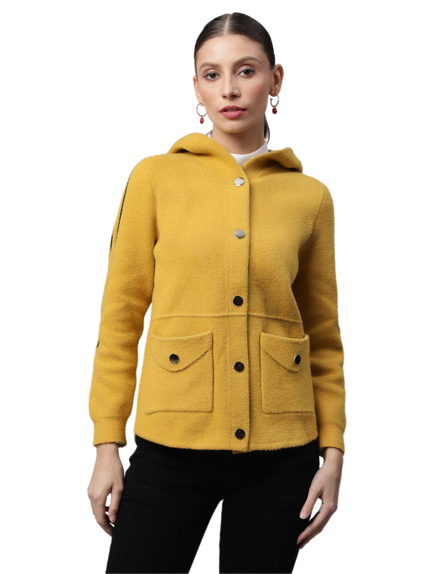 women mustard full sleeves new york city hooded jacket