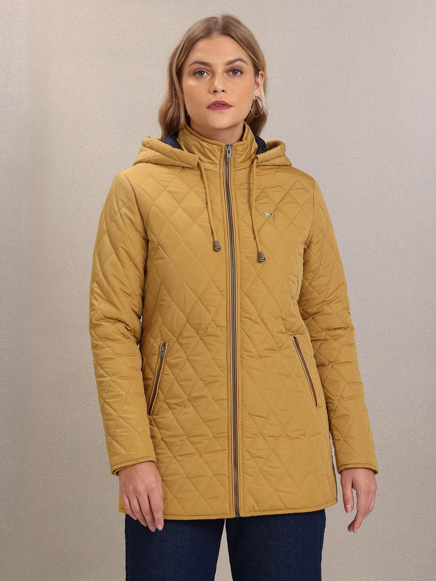 women mustard hooded quilted jacket