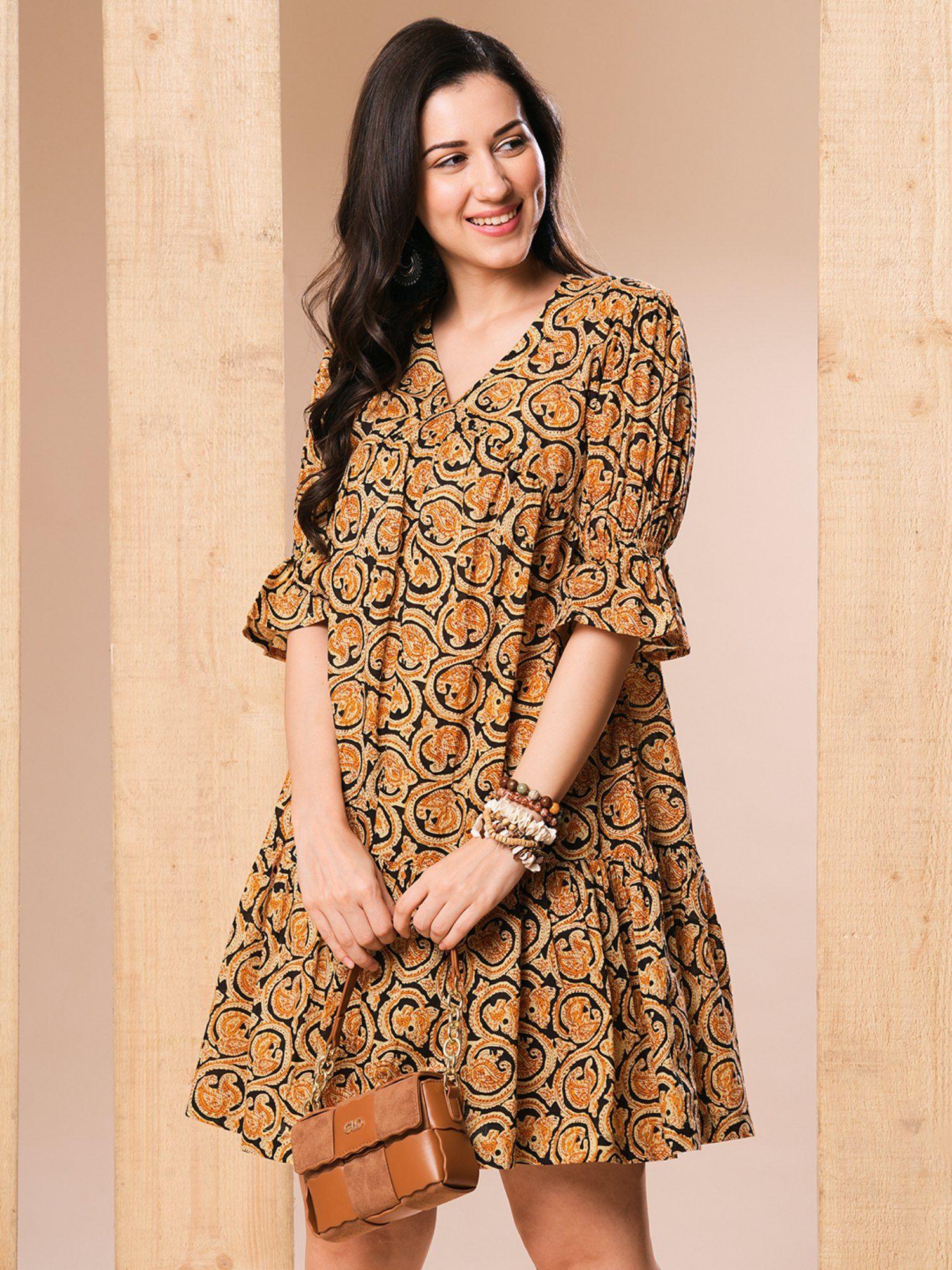 women mustard paisley printed v-neck puff sleeves flared hem alia cut a-line dress