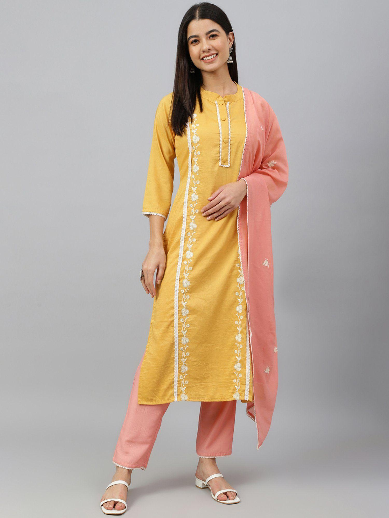 women mustard pink poly silk embroidery kurta pants and dupatta (set of 3)