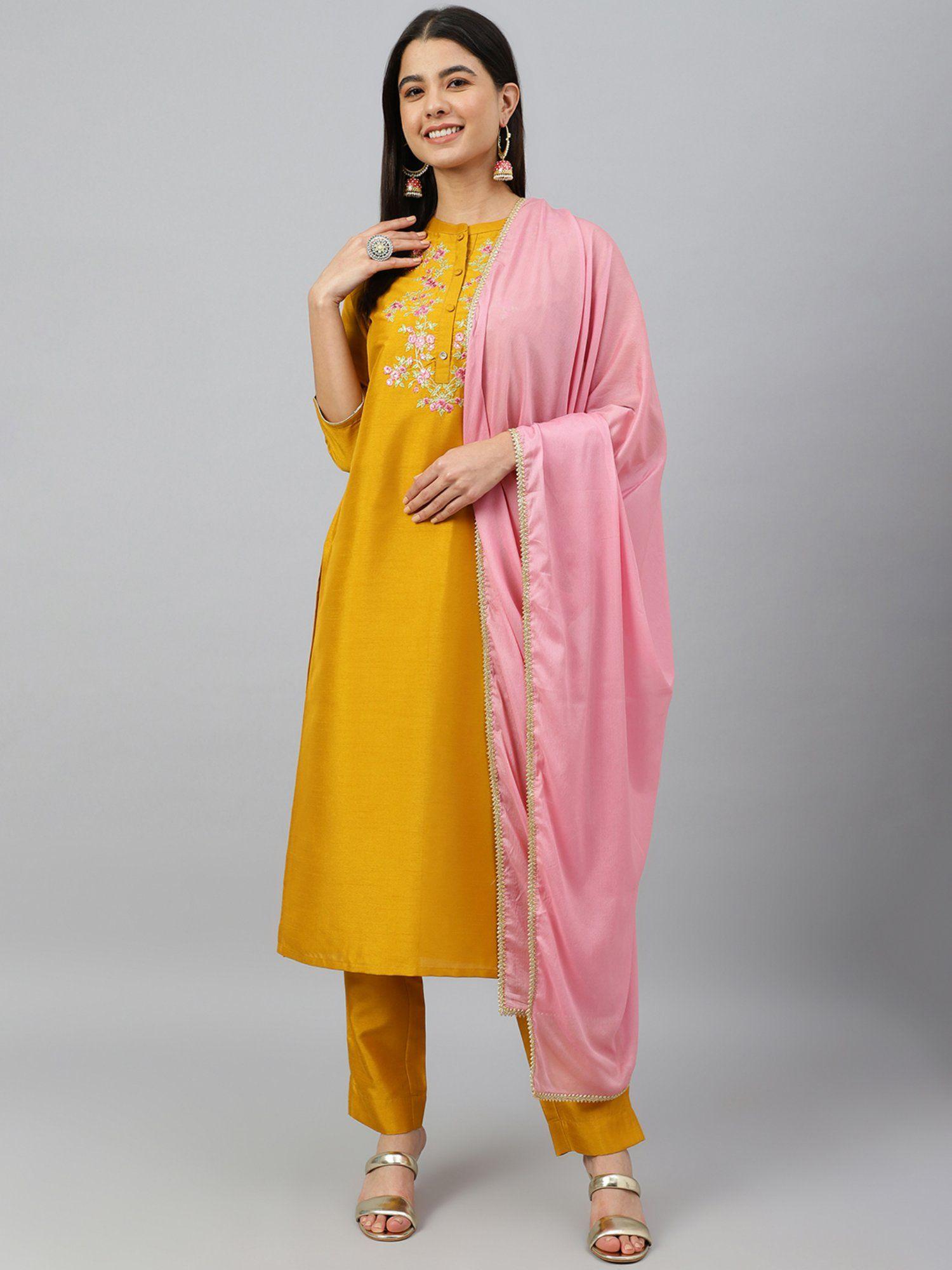 women mustard poly silk embroidered kurta pants and dupatta (set of 3)