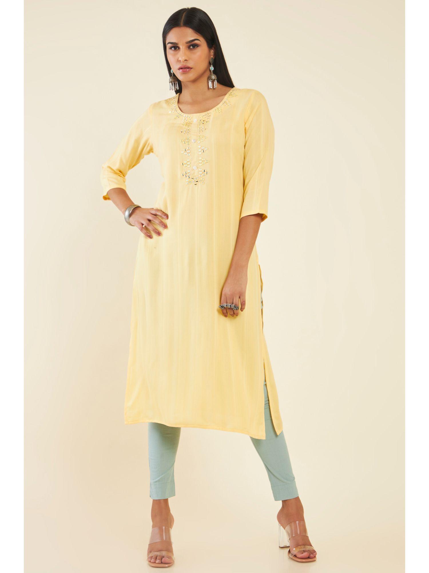 women mustard rayon embroidered kurta