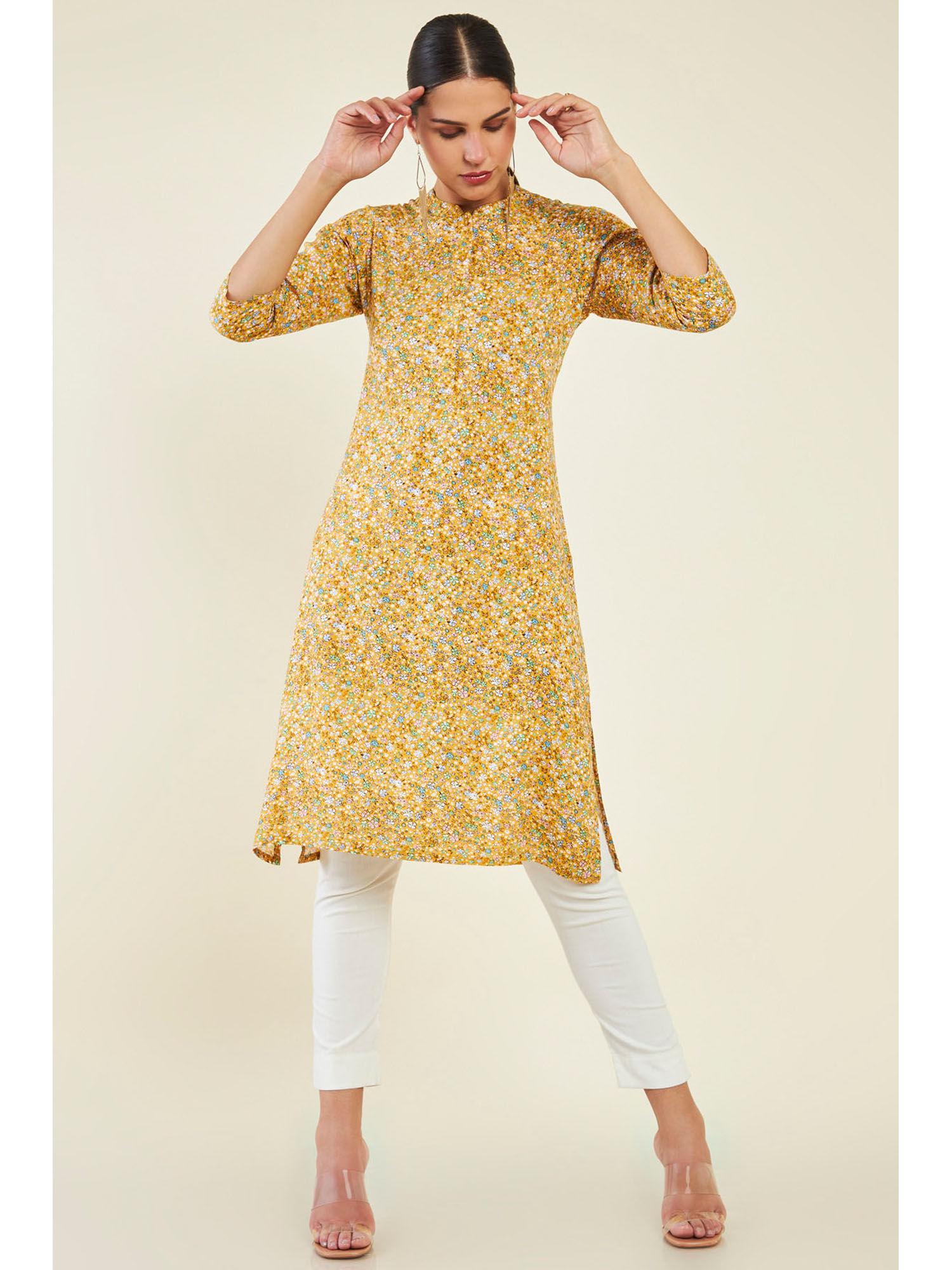 women mustard rayon printed kurta