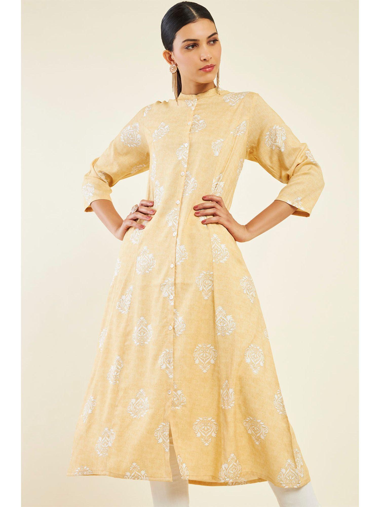 women mustard rayon printed kurta