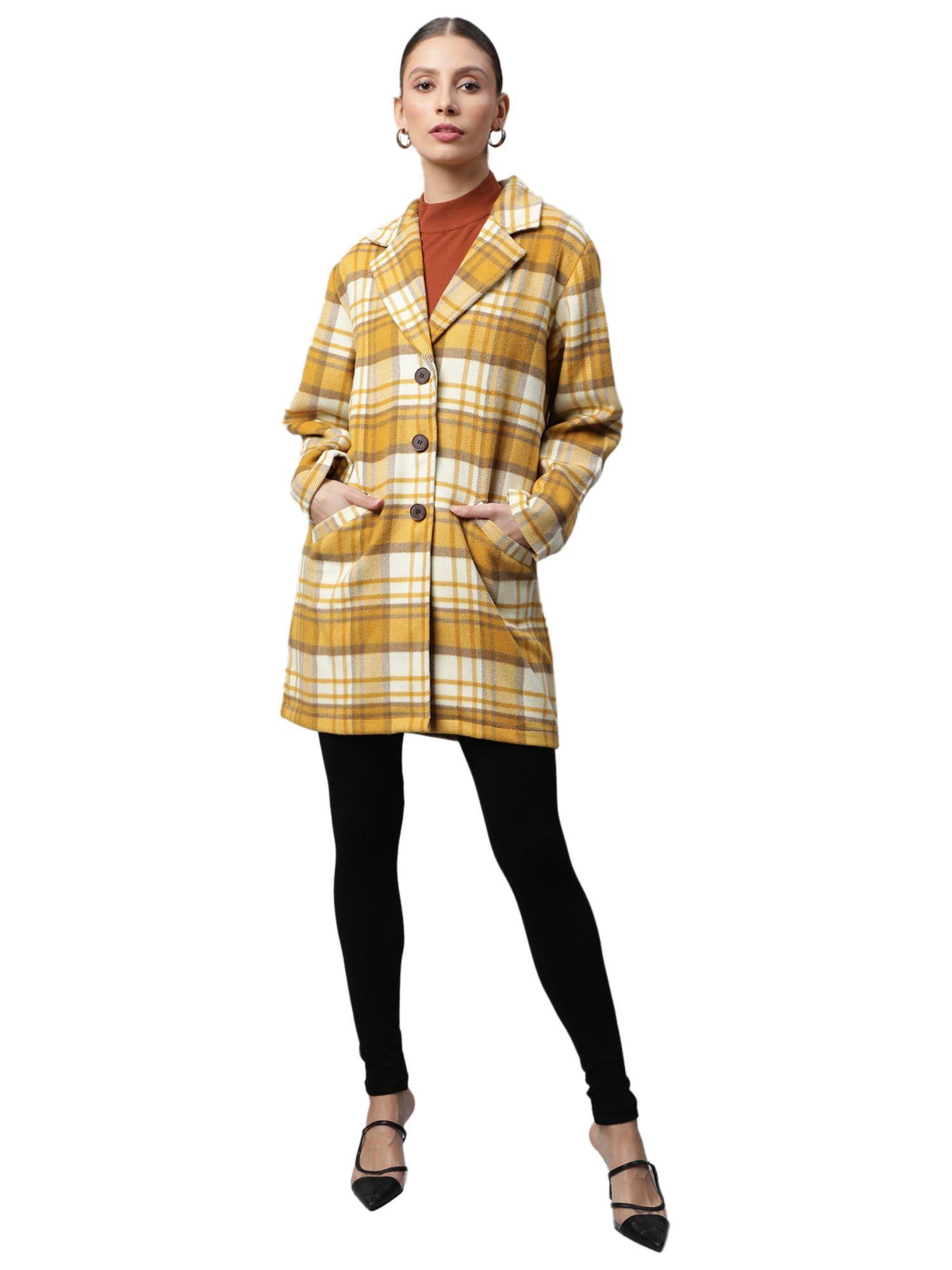 women mustard relaxed fit checkered single breasted coat