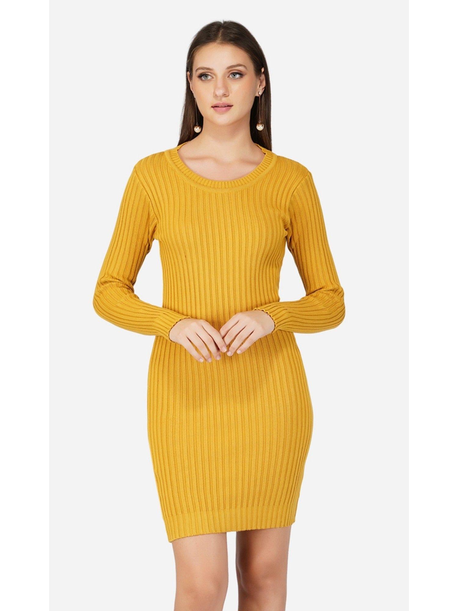 women mustard round neck monotone dress