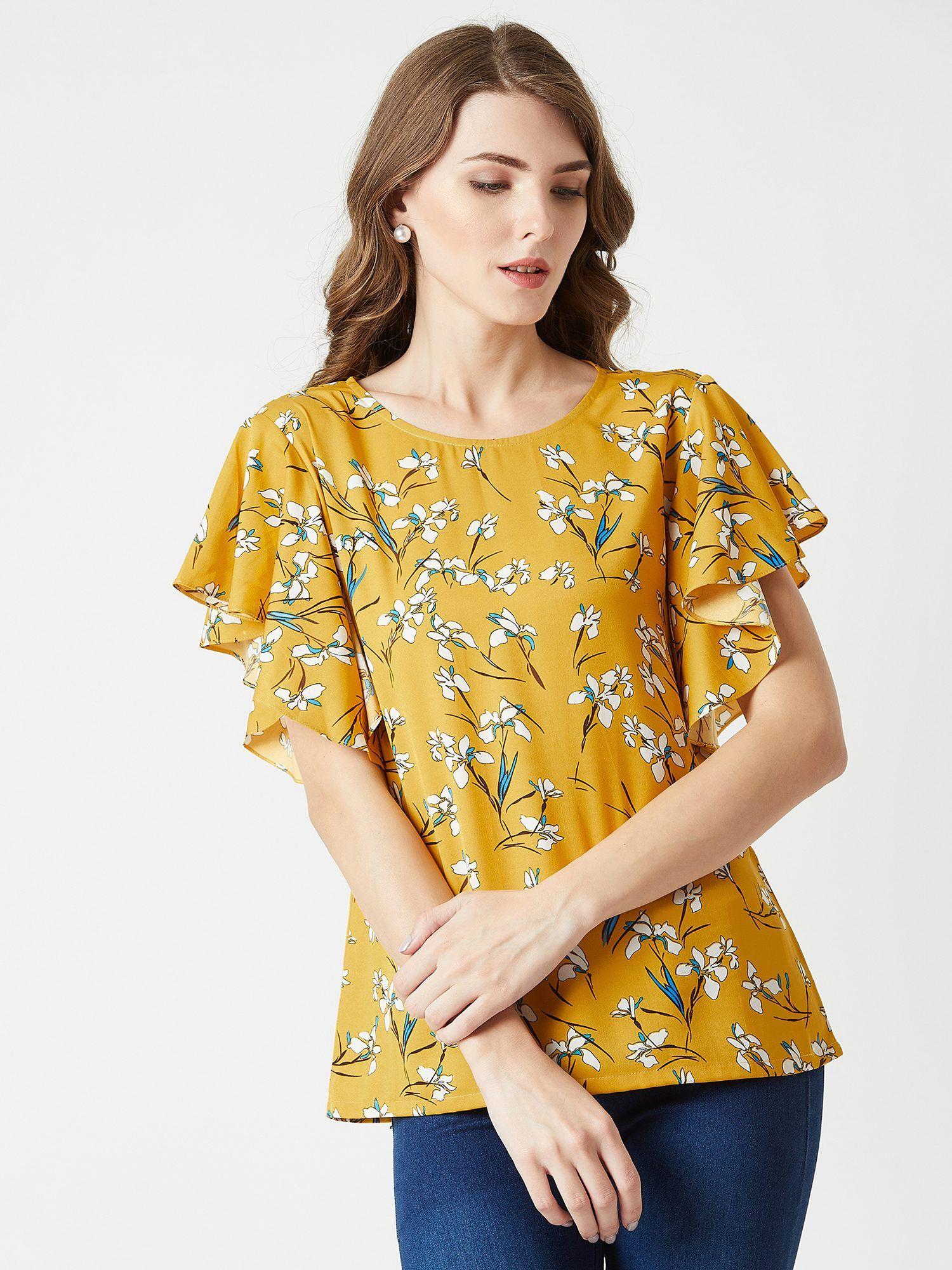 women mustard round neck short sleeve floral ruffled regular top