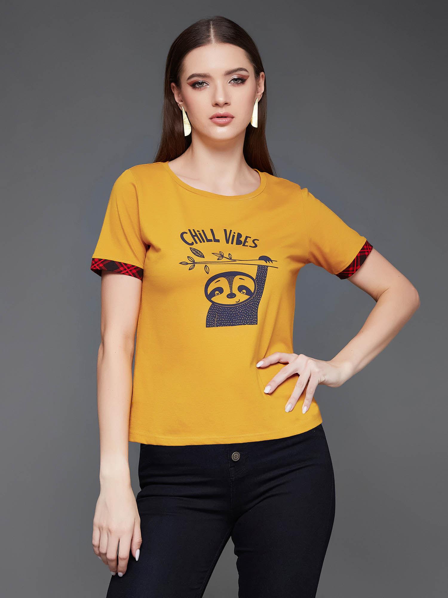 women mustard round neck short sleeves regular length printed t-shirt