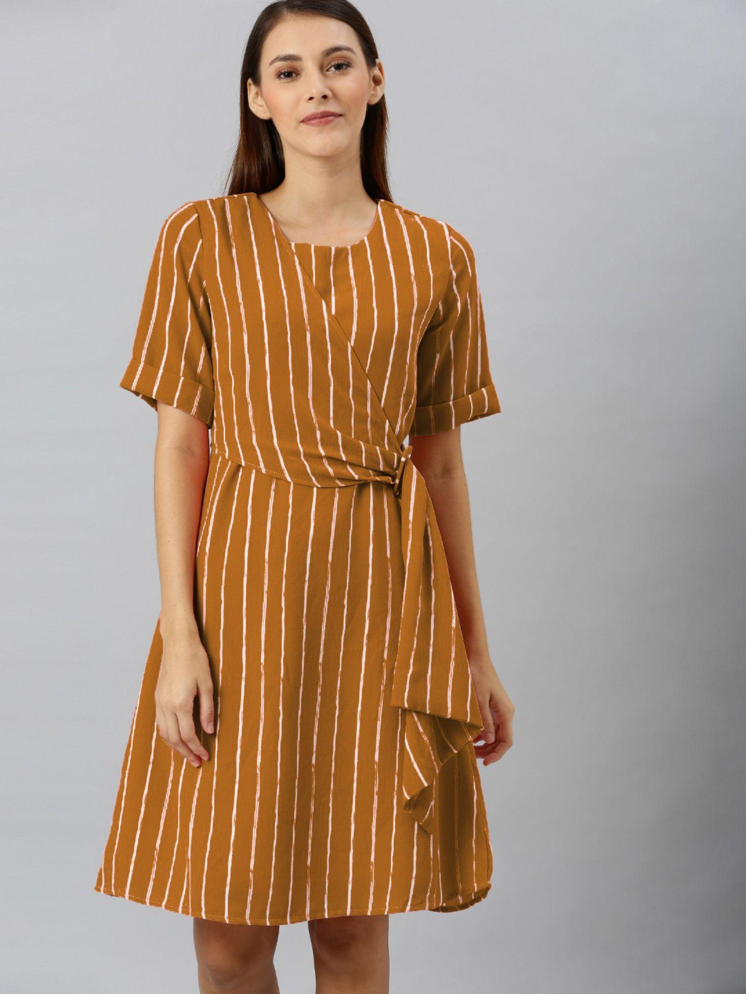 women mustard round neck stripes knee length dress