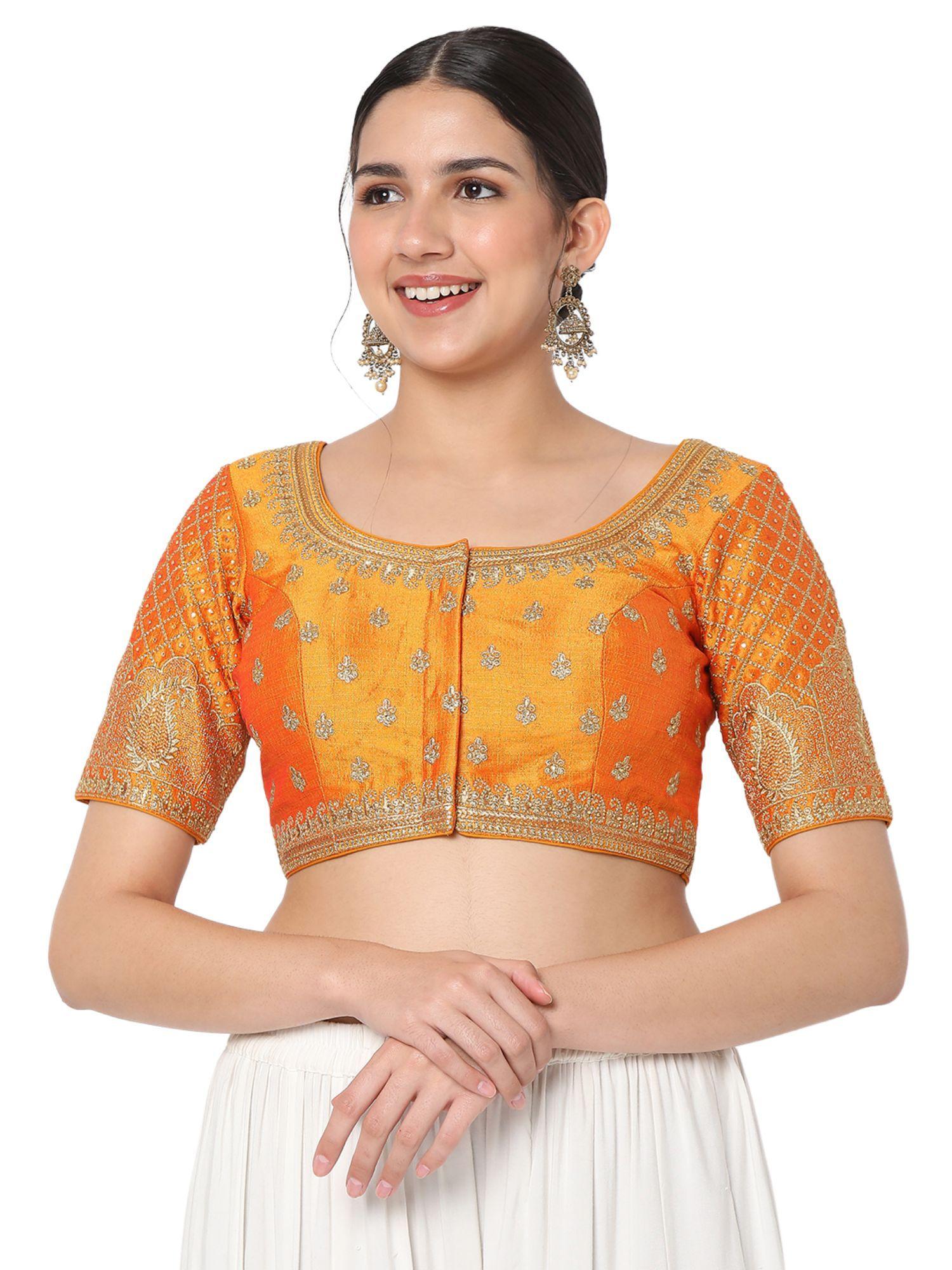 women mustard silk blend embroidered readymade saree blouse