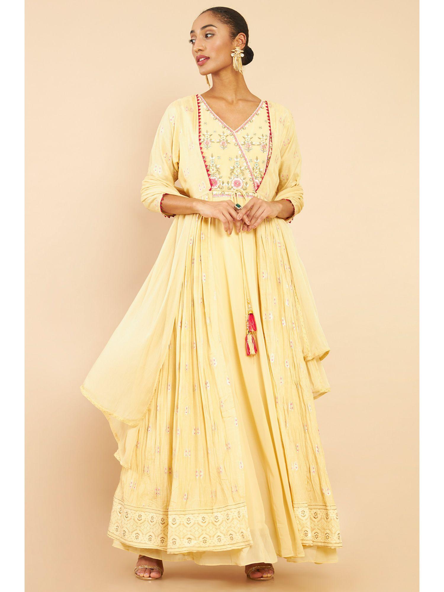 women mustard silk embroidered suit set