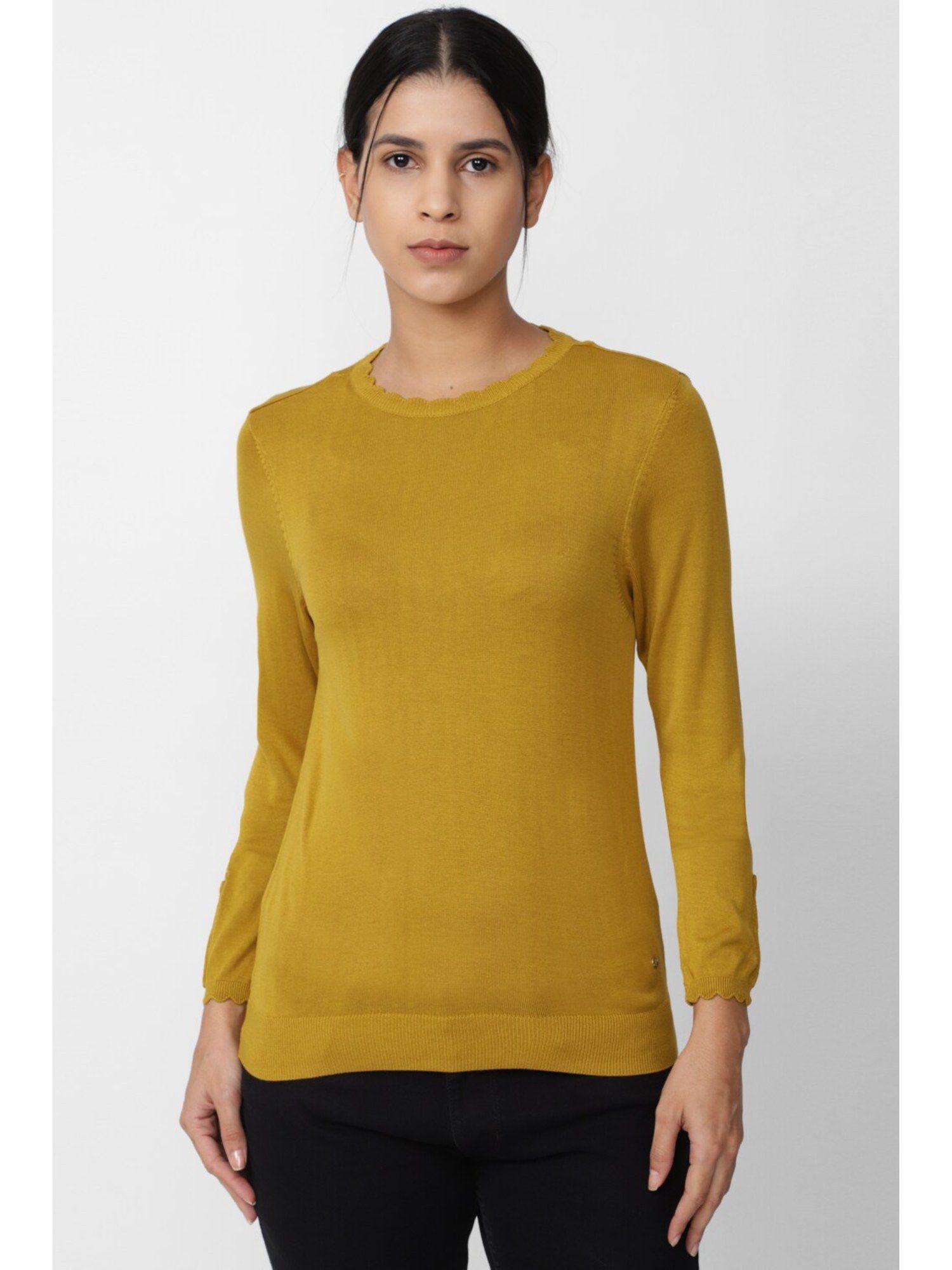 women mustard solid casual round neck top