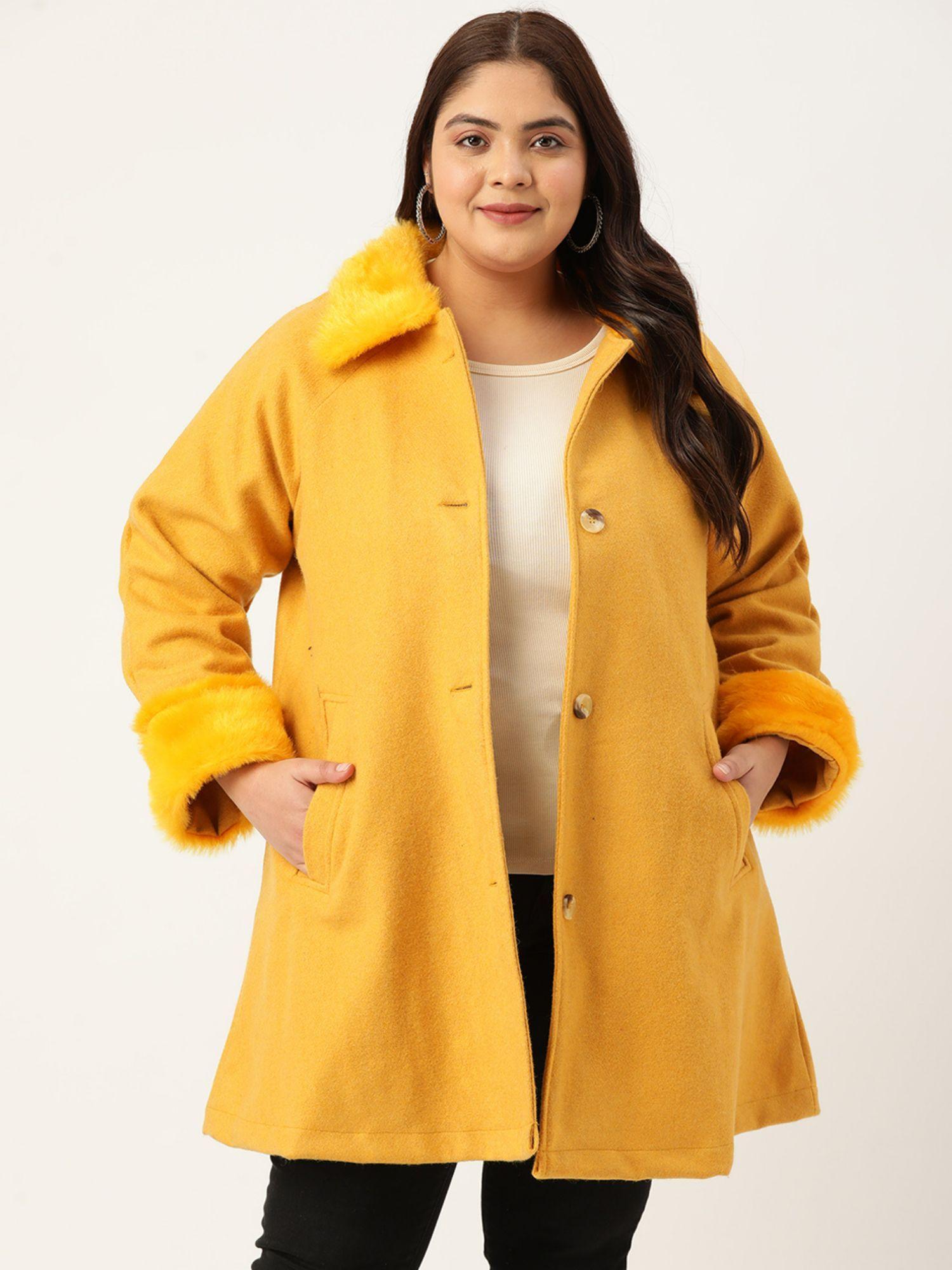 women mustard solid color spread collar with fur detail longline coat