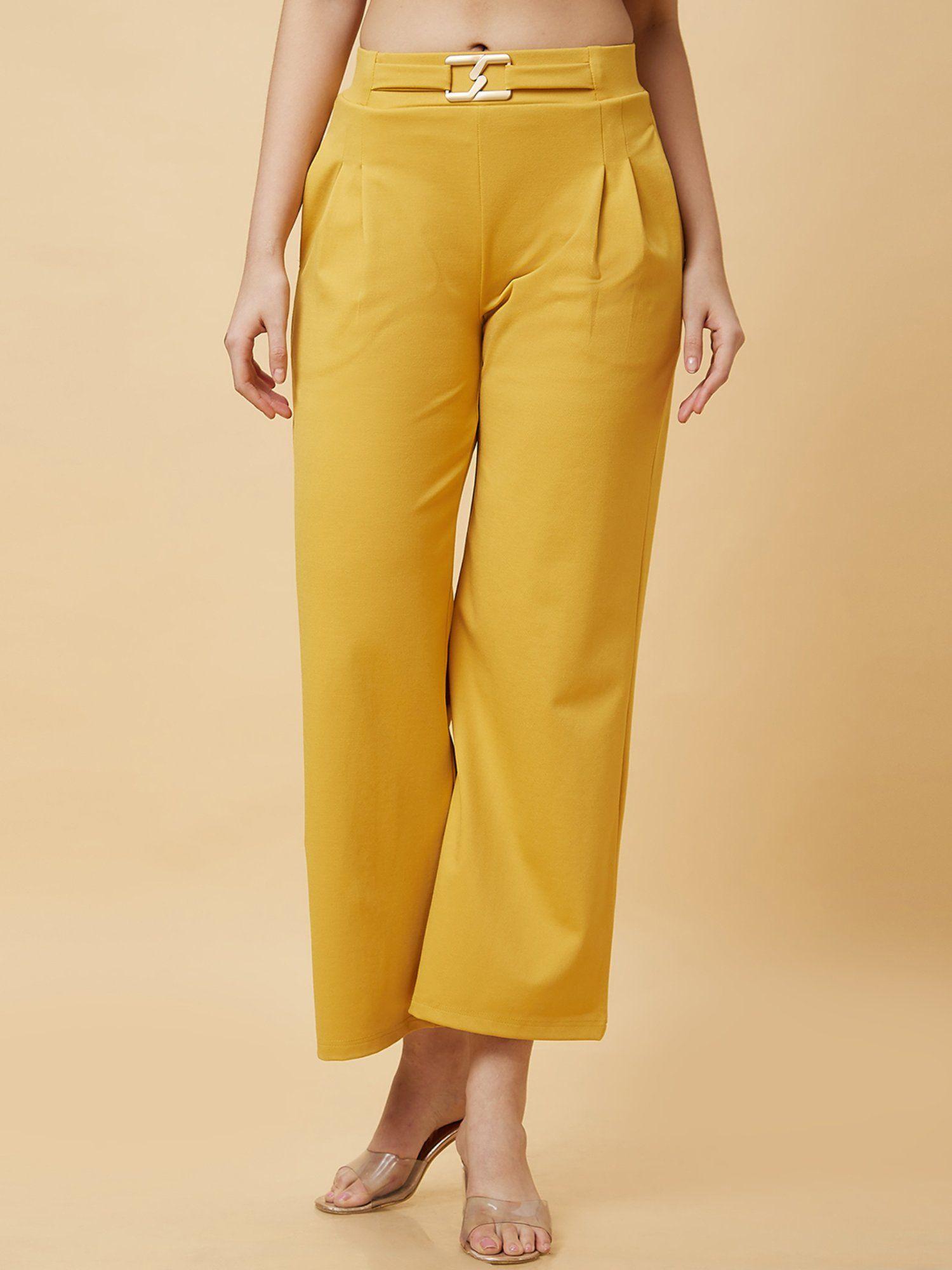 women mustard solid high-rise loose fit pleated slip-on trouser