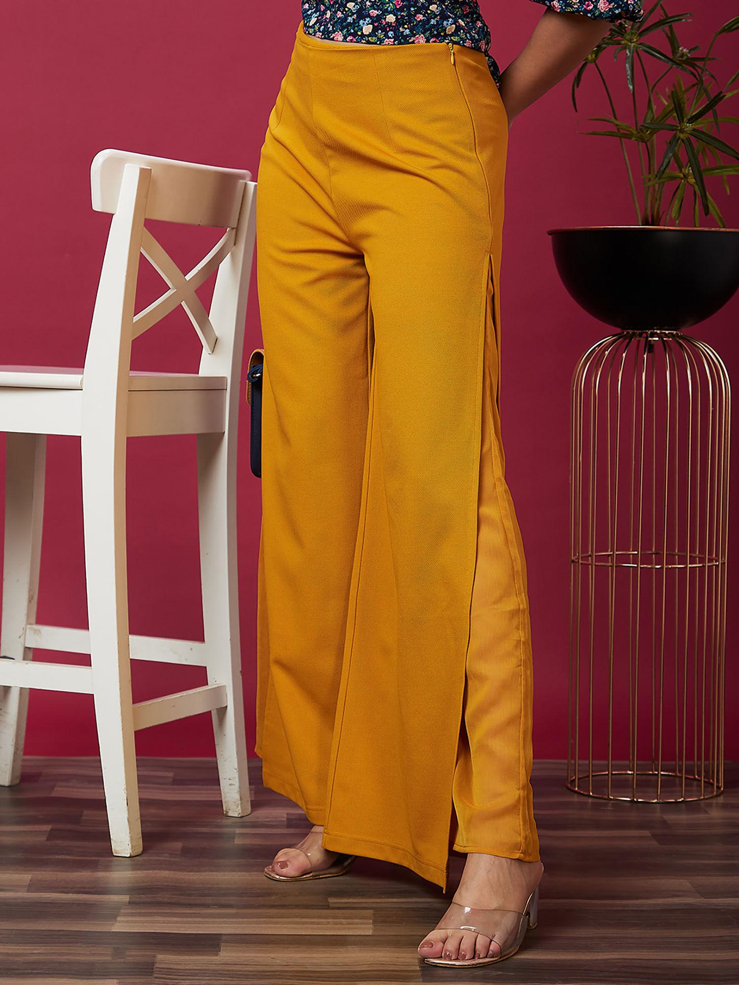 women mustard solid high-rise side slit loose fit parallel trousers