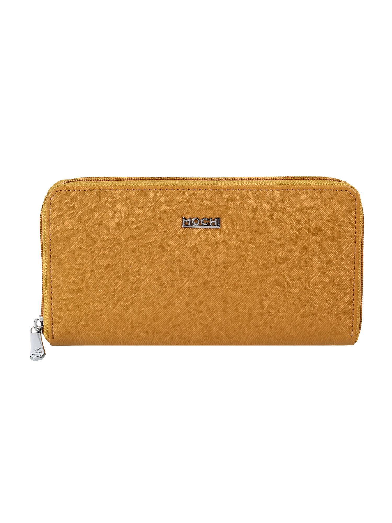 women mustard synthetic zip around wallet