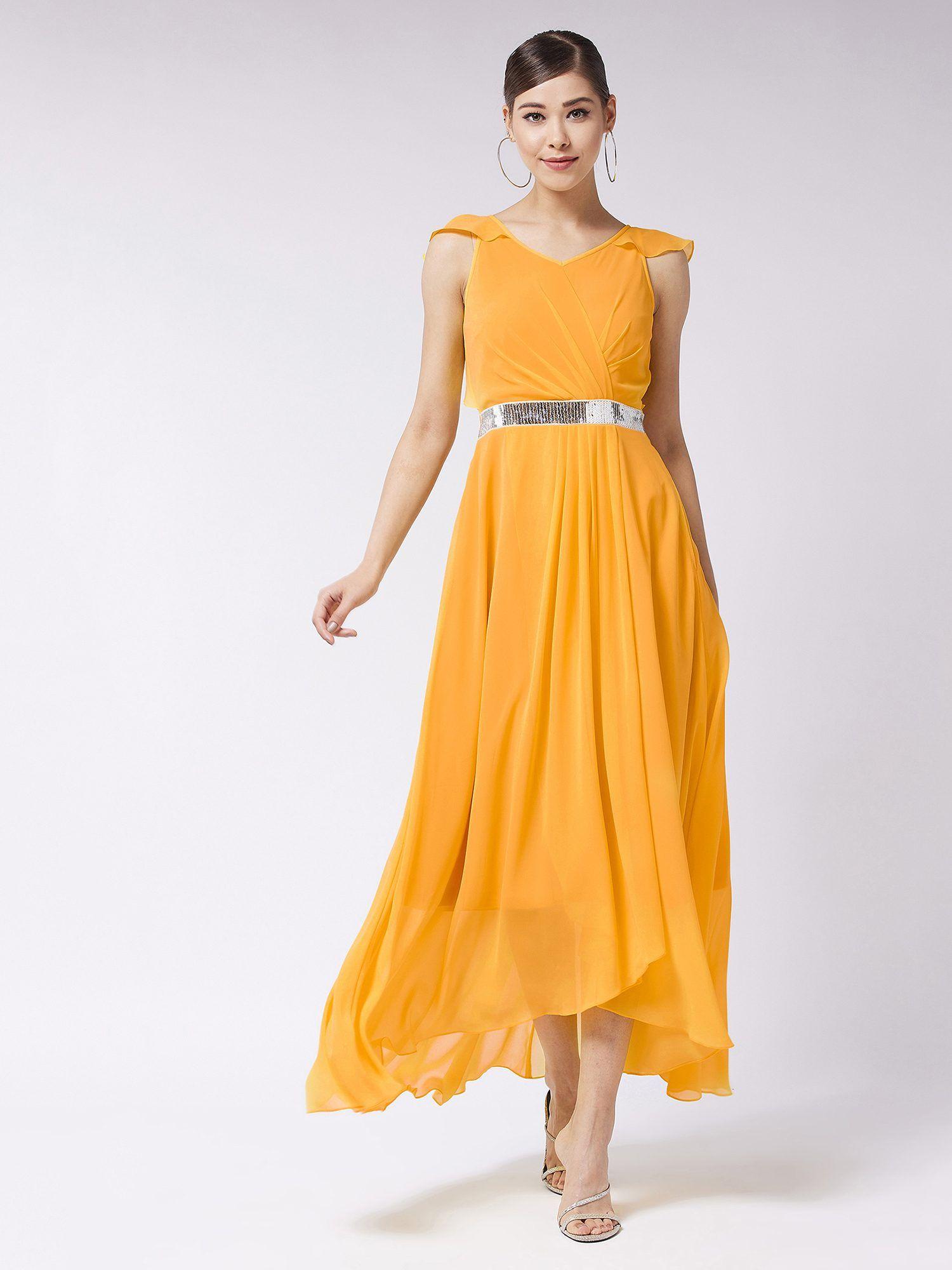 women mustard v-neck cap sleeve embellished maxi dress