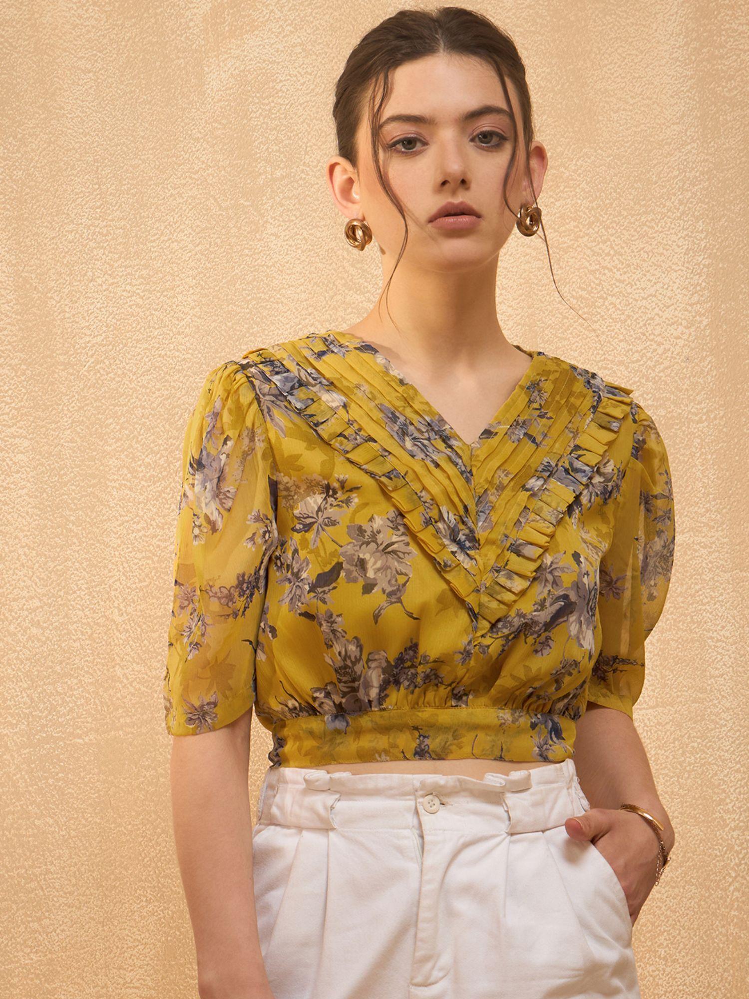 women mustard v-neck floral printed crop top