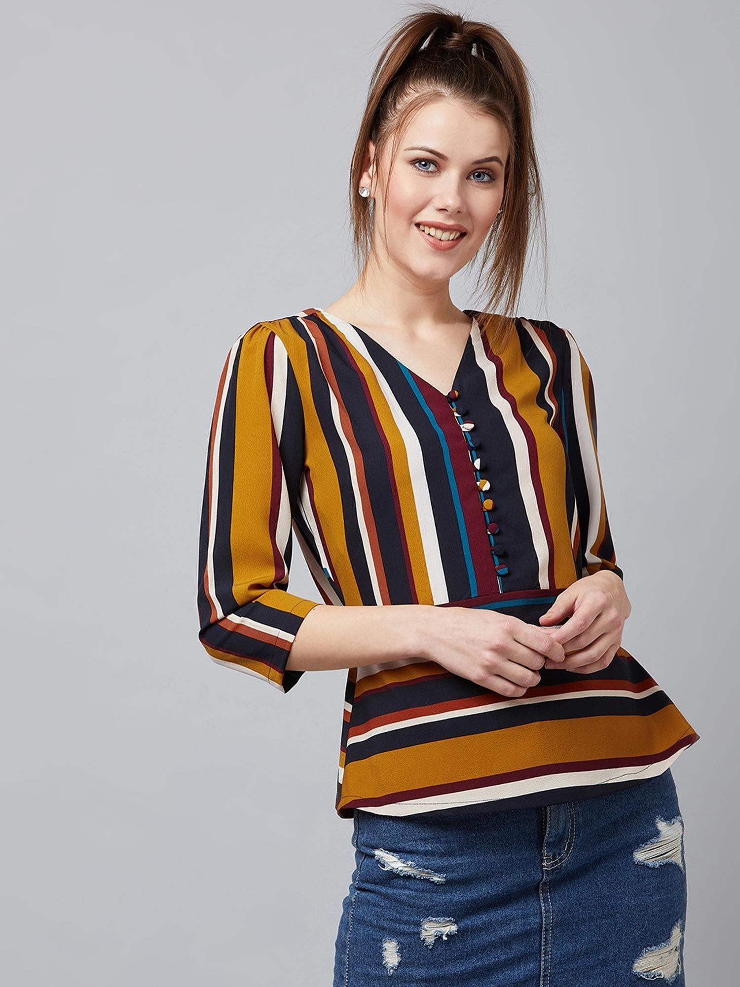 women mustard yellow & navy blue striped regular top