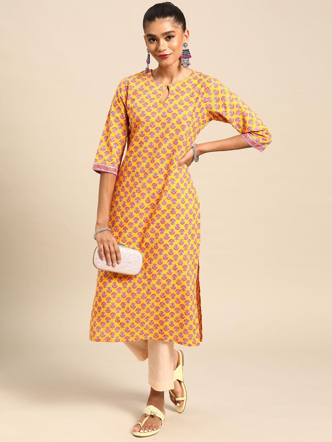 women mustard yellow & pink floral motifs printed keyhole neck kurta