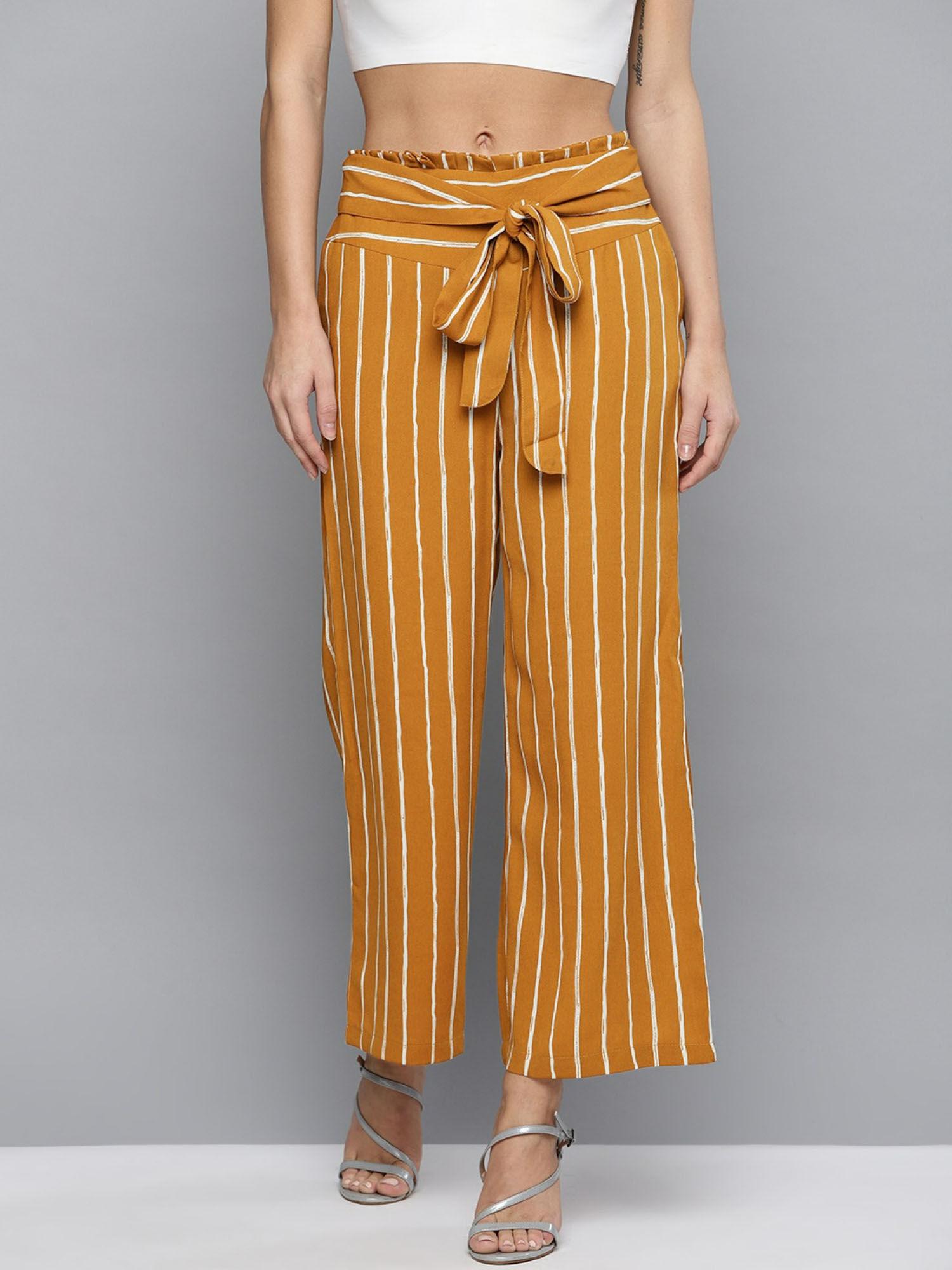 women mustard yellow & white original fit high rise striped parallel trousers