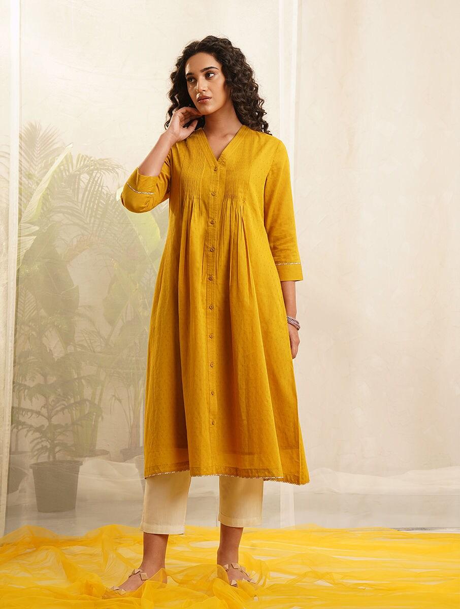 women mustard yellow cotton self design v neck regular fit kurta