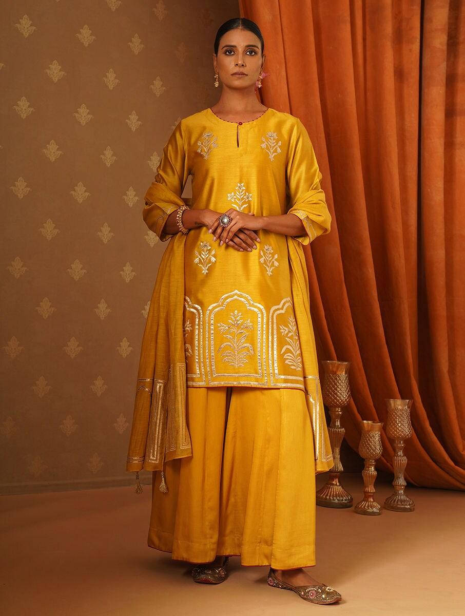 women mustard yellow cotton silk applique round neck straight kurta with sharara