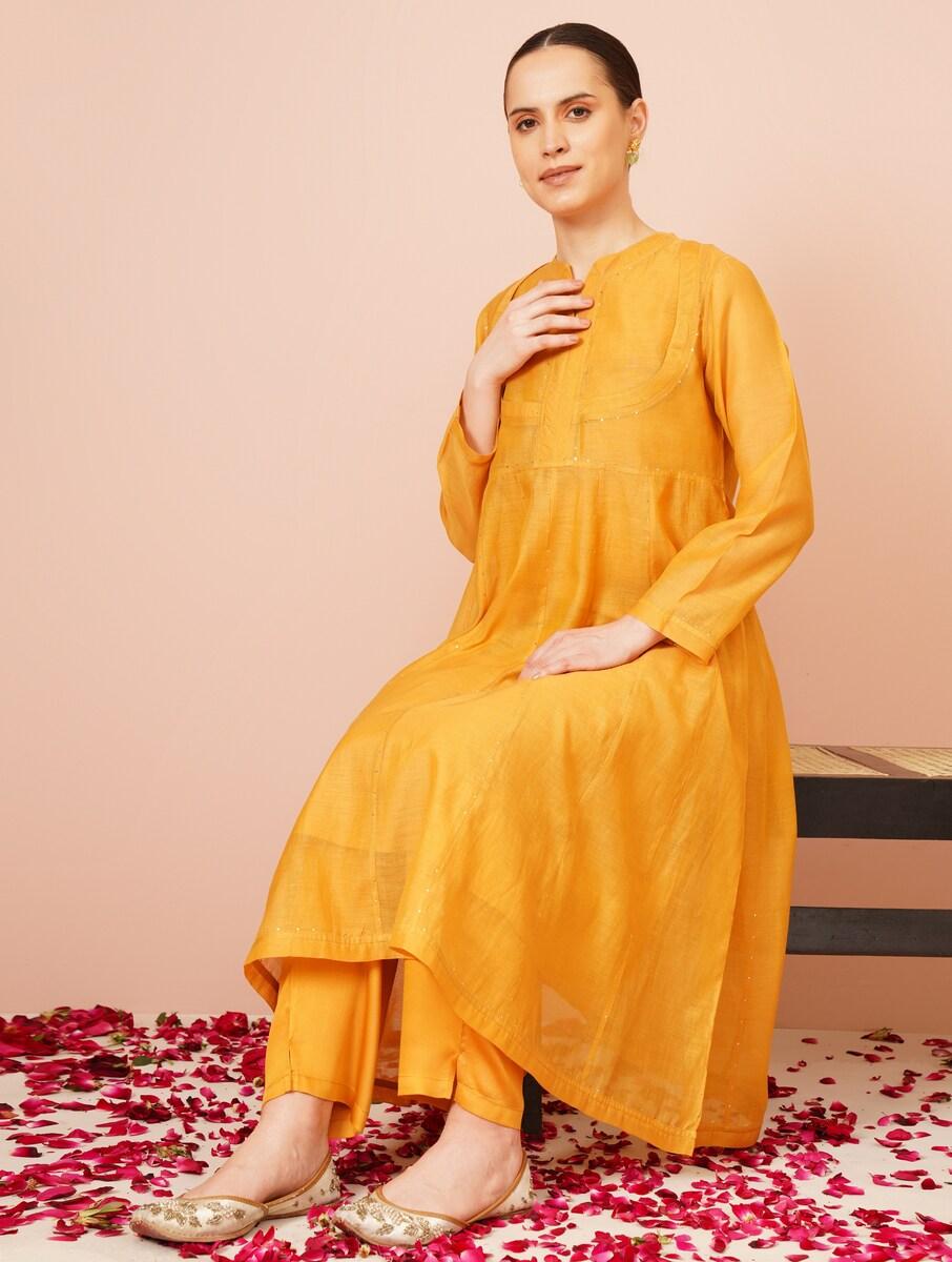 women mustard yellow cotton silk mandarin collar a line kurta, slip & pants
