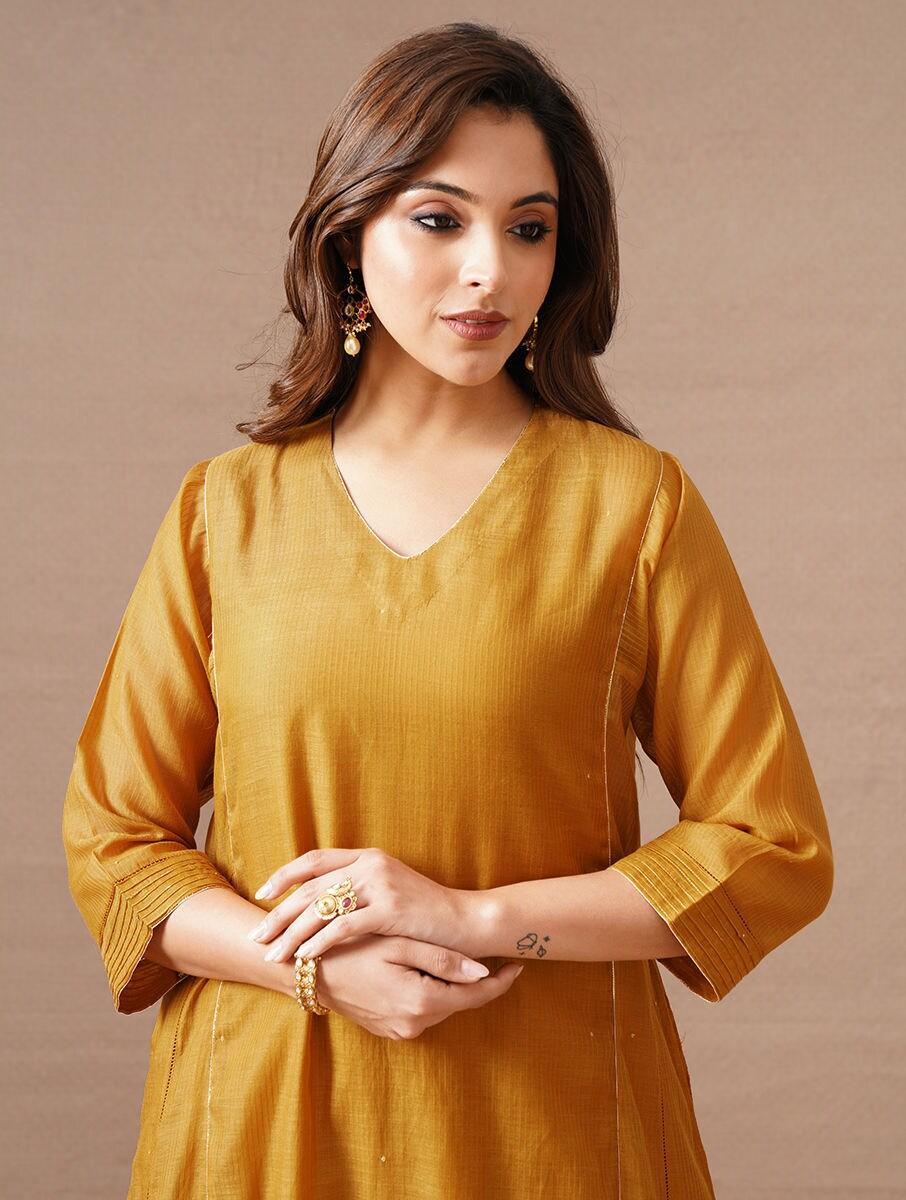 women mustard yellow cotton silk v neck a line kurta and slip