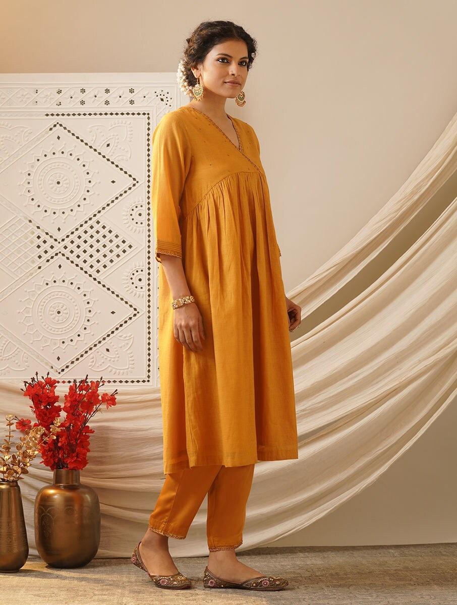 women mustard yellow embroidered v neck a line kurta with pants