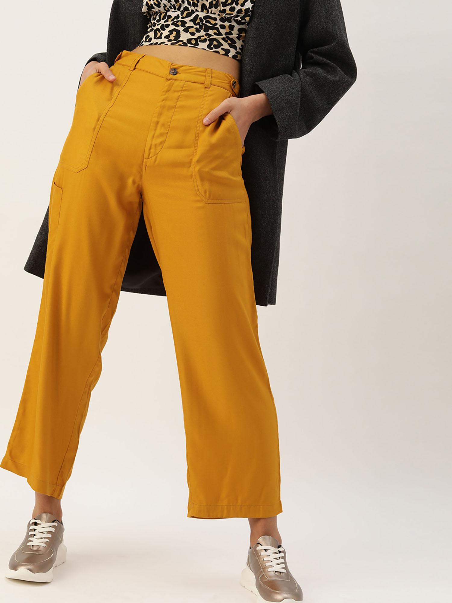 women mustard yellow flared solid parallel trousers