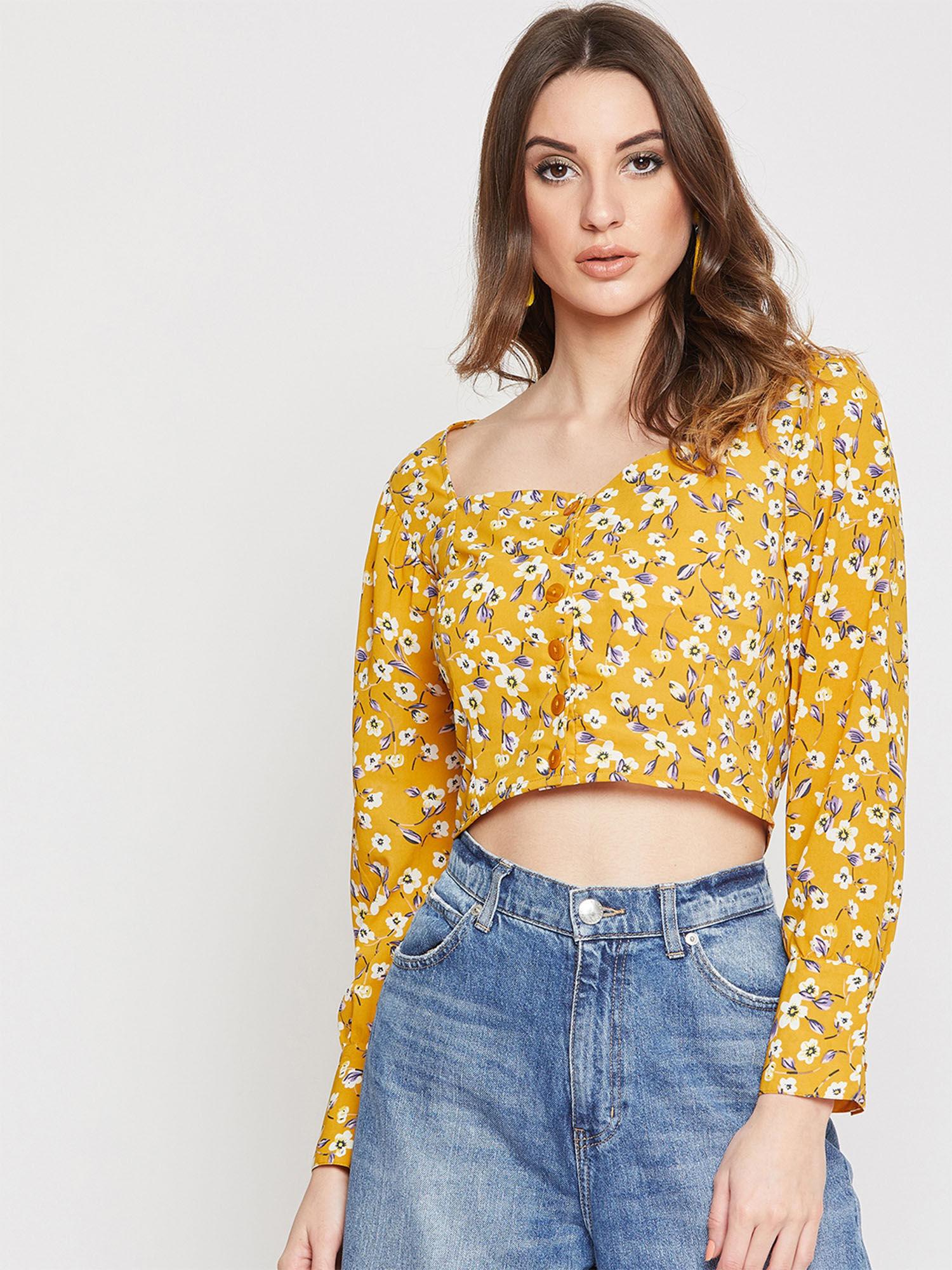 women mustard yellow floral print crop top