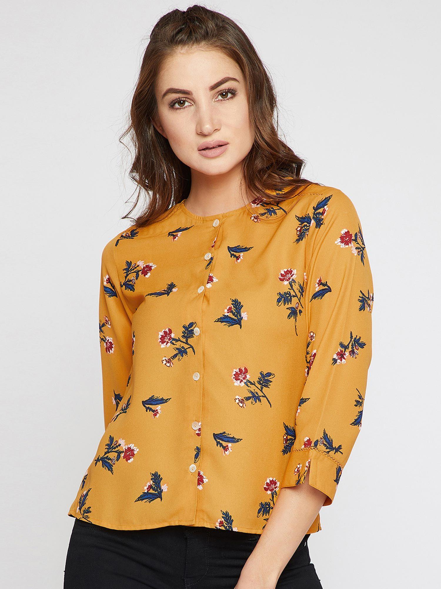 women mustard yellow floral printed top