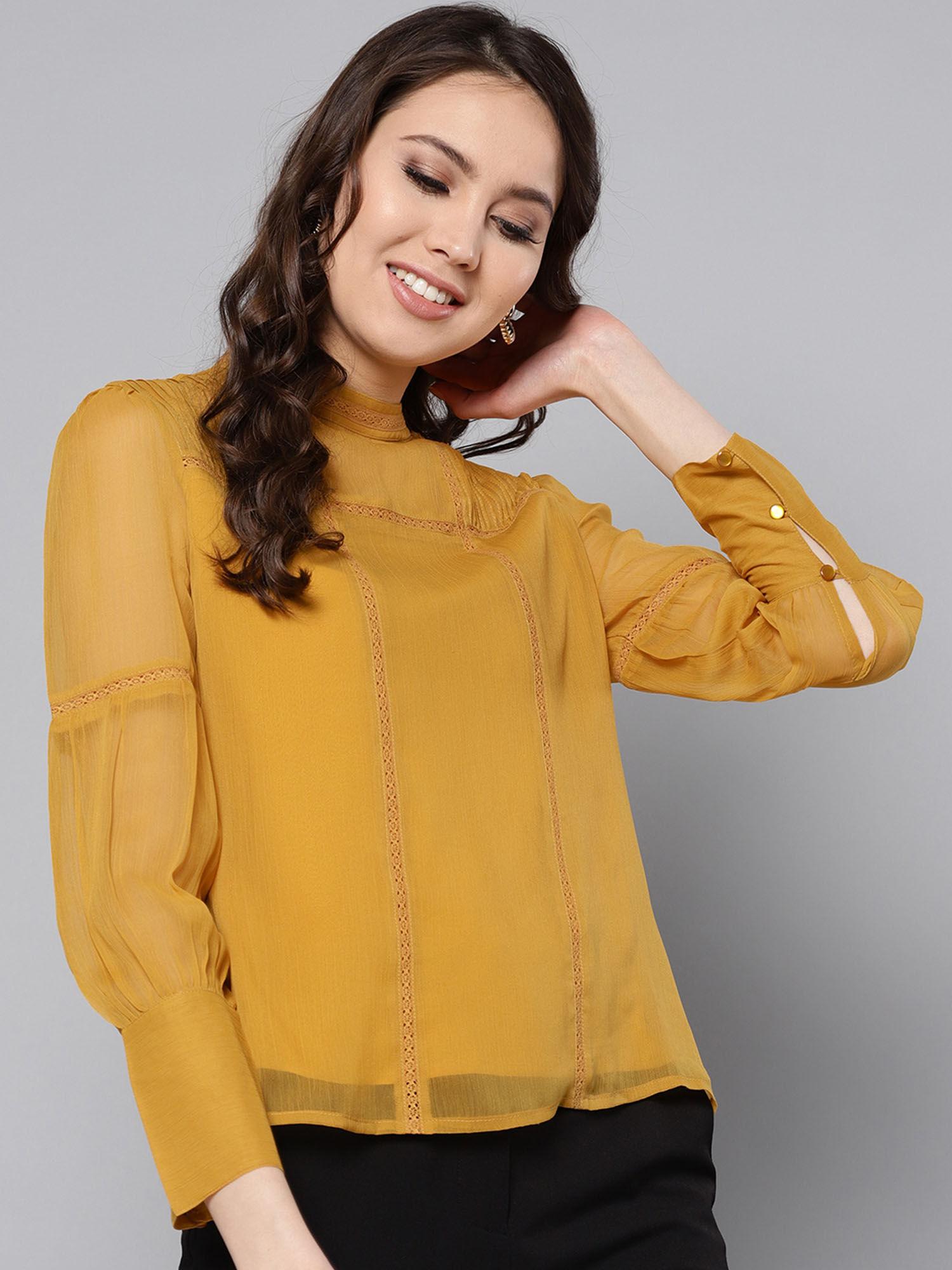 women mustard yellow lace inserts top